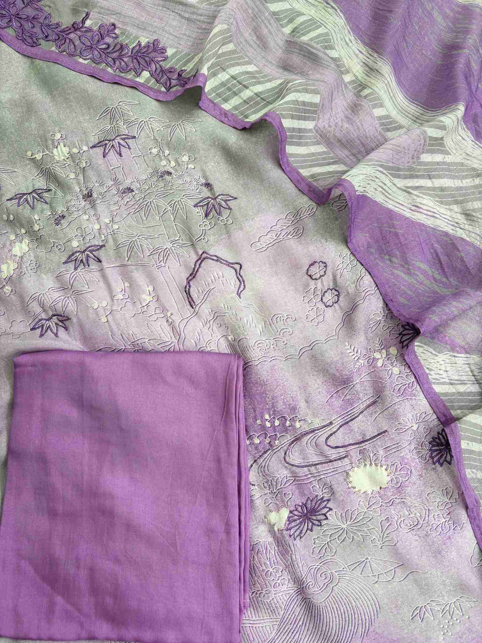 Grey Lavendar Pure Muslin Digital Print Handwork Unstitched Suit Set