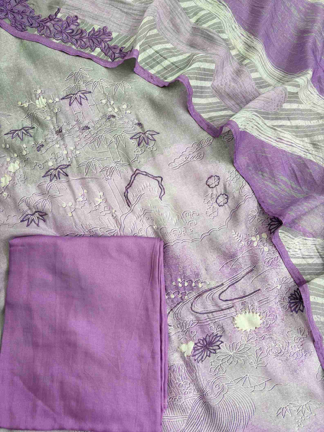 Grey Lavendar Pure Muslin Digital Print Handwork Unstitched Suit Set