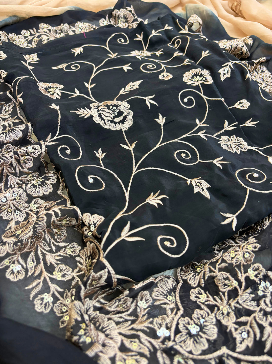 Zewar-e-Noir: Midnight Black Suit with Ivory Thread Embroidery & Ombre Dupatta