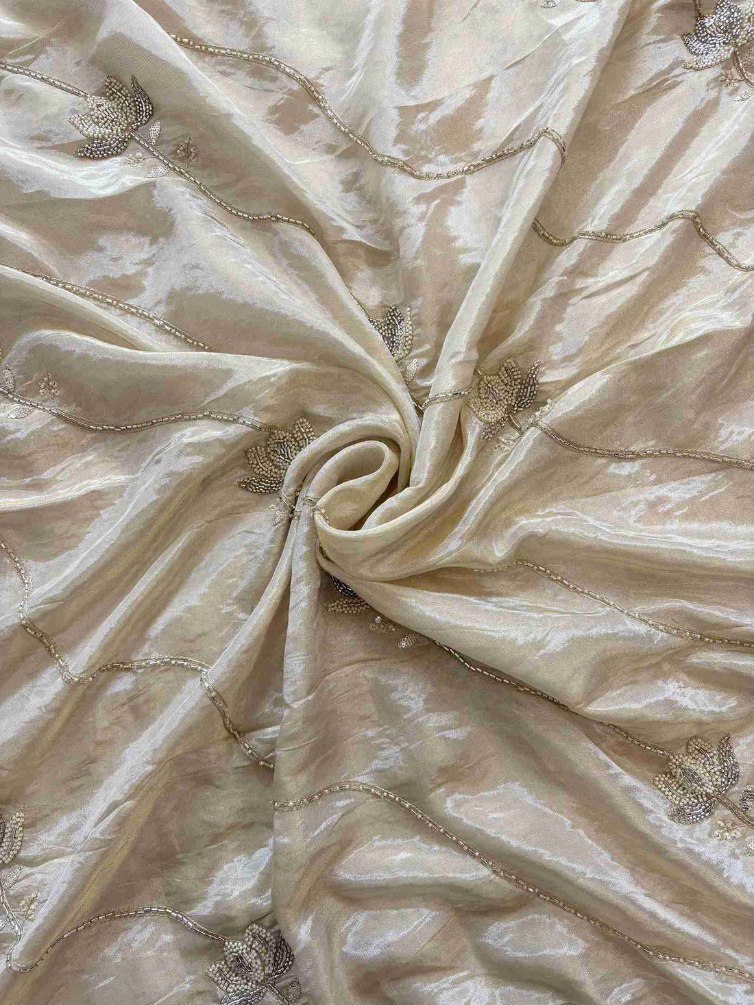 Gulnaar Glow: Blush Pure Soft Tissue Unstitched Suit with Glitter Neck & Hand Embroidered Dupatta