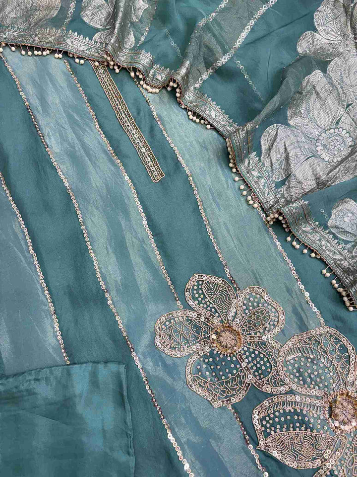 Teal Shimmer Organza Cutdana Handwork Unstitched Suit Set