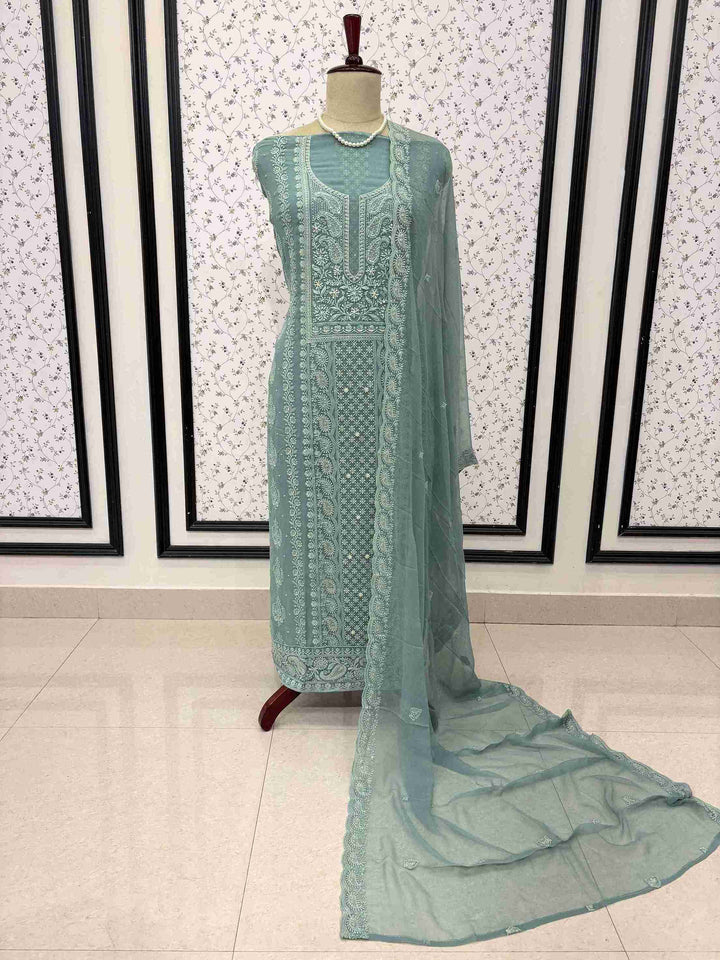 Dusty Blue Georgette Unstitched Suit | Chikankari Work | Moti Bead Sequin Neckline & Geometric Panel Women's Suit