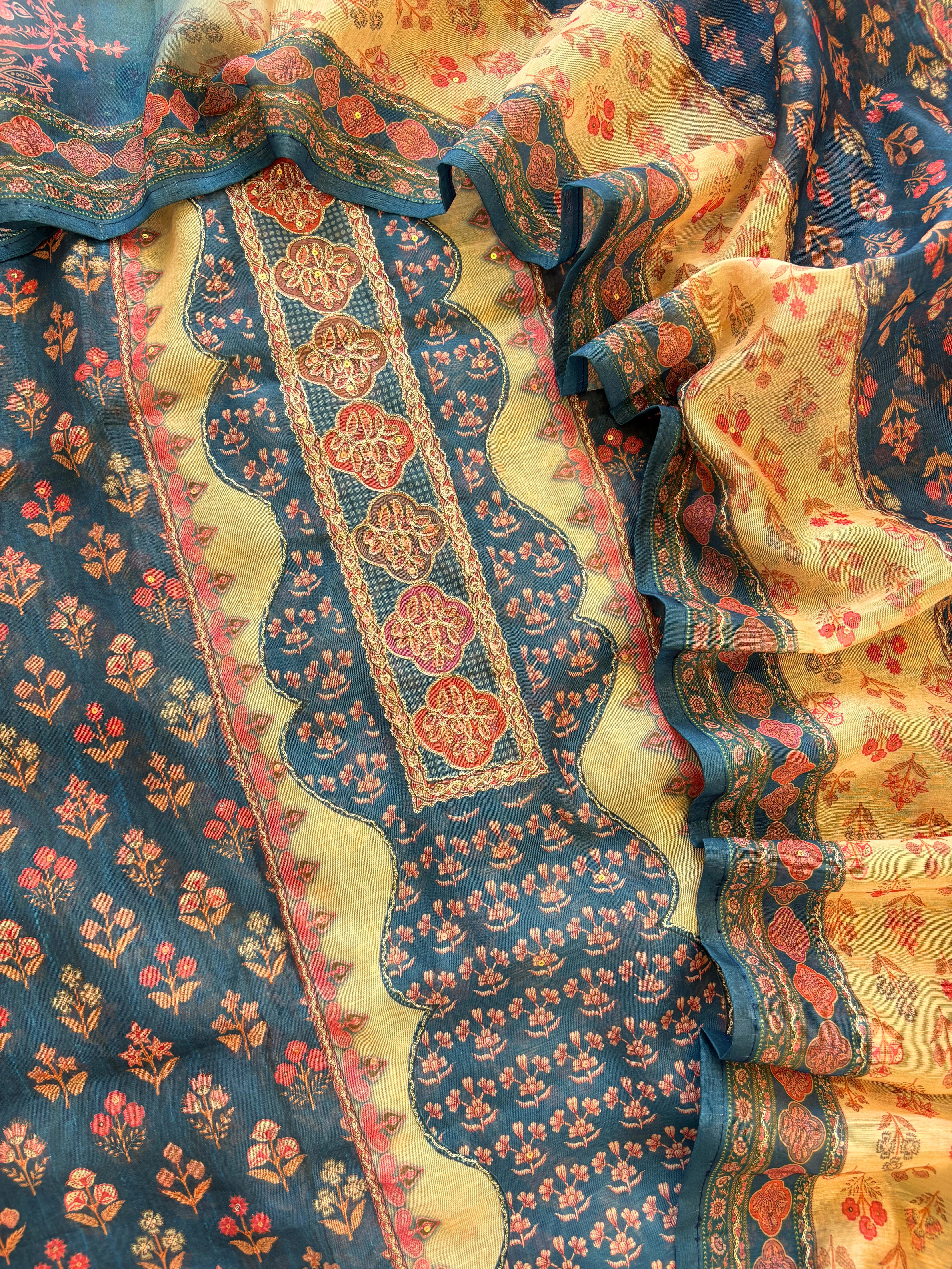 Shop Blue chanderi suit with golden weave and printed chanderi dupatta featuring tassel edging.