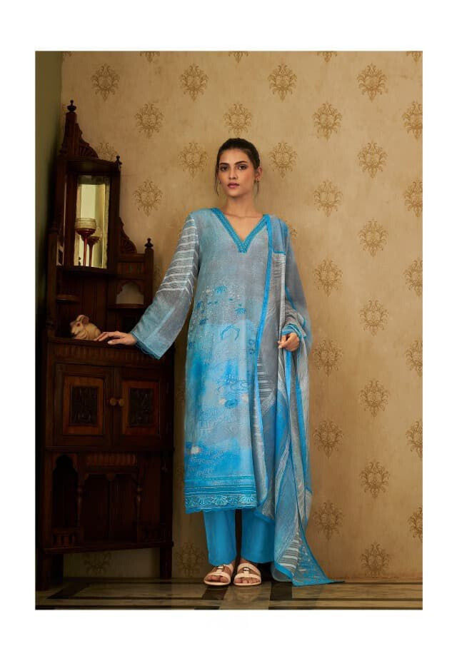 Grey Blue Pure Muslin Digital Print Handwork Unstitched Suit Set