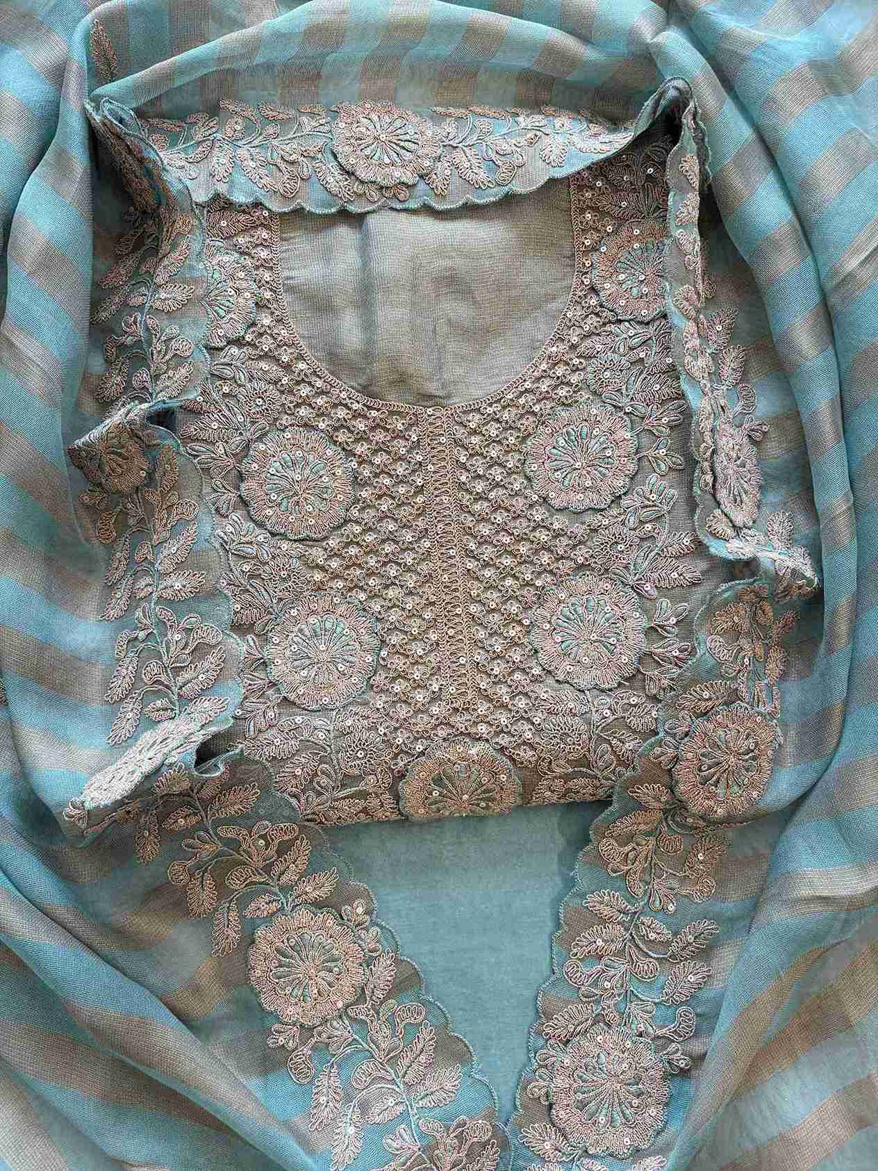 Tissue Unstitched Suit with Heavy Dori Work Neckline and Hemline
