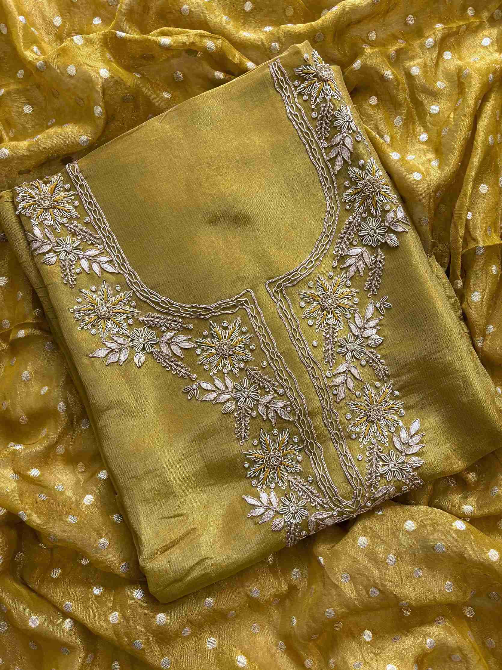 satin organza yellow unstitched suit with zardozi neckline