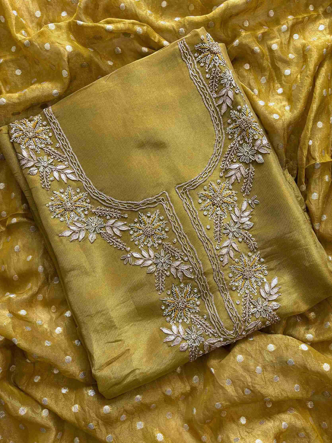 satin organza yellow unstitched suit with zardozi neckline
