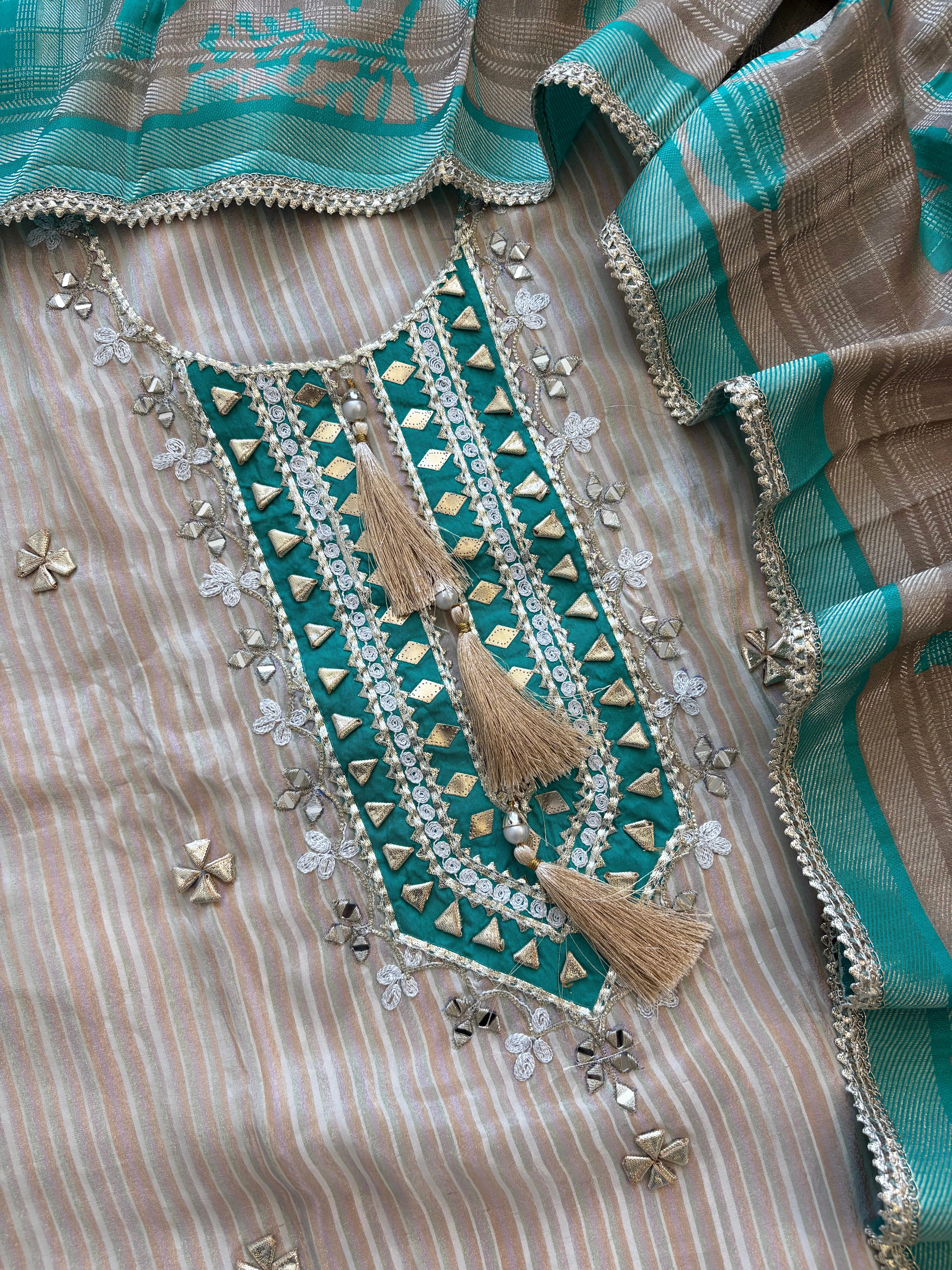 Beige & Teal Shimmer Organza Suit with Gotta Patti Embroidery