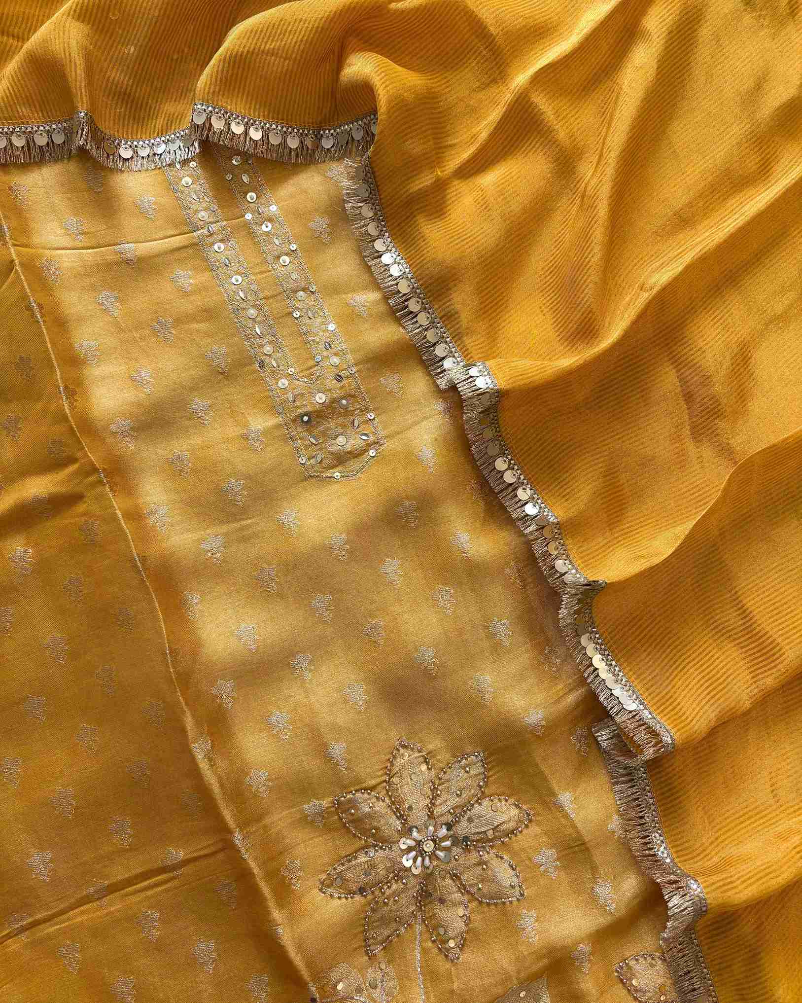Shimmer Tissue unstitched suit in Yellow color- The Zareesh
