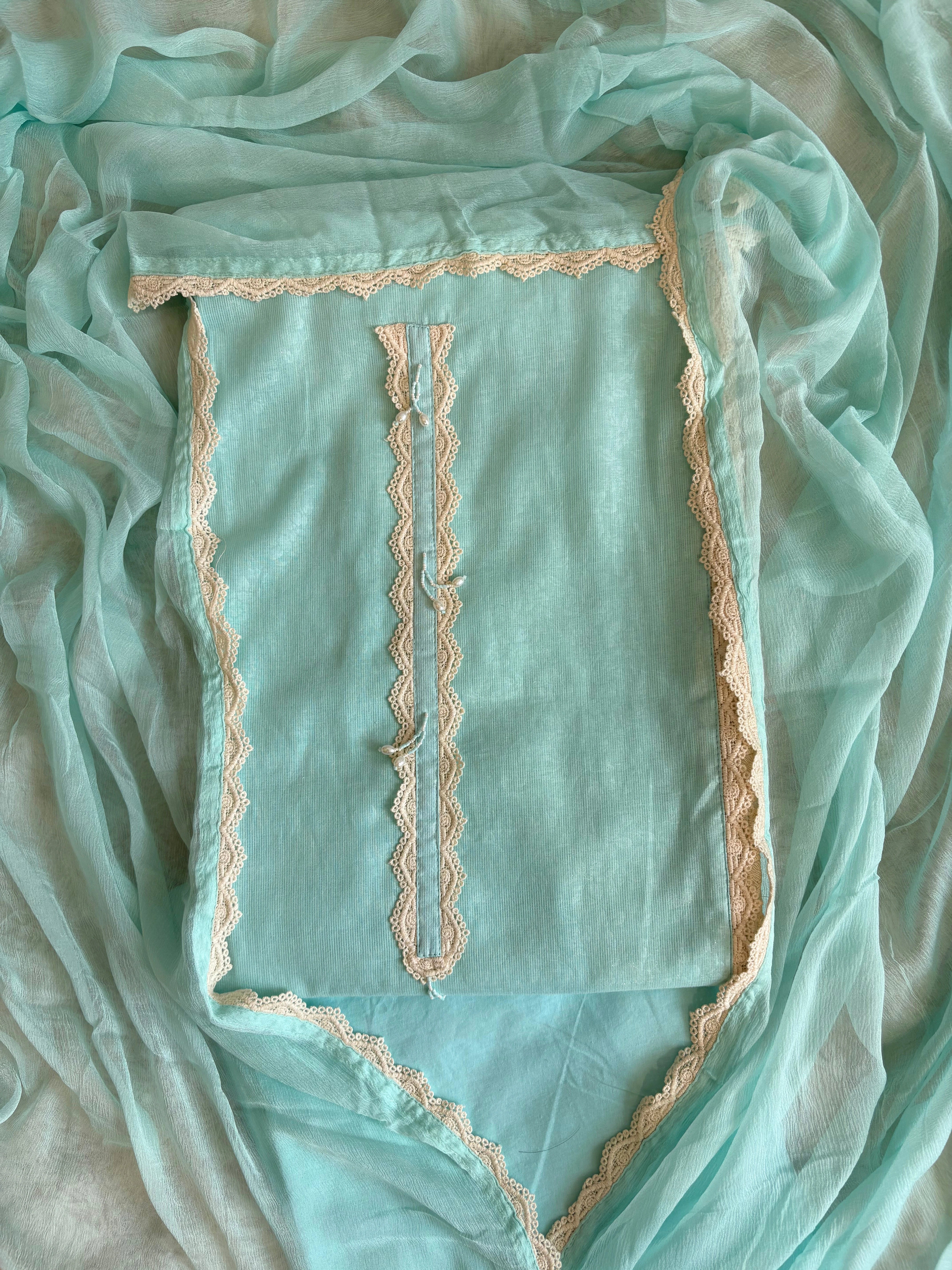 Pastel Aqua Schiffli Cotton Suit with Lace Accents & Pearl Embroidery | Summer Festive Lawn Collection