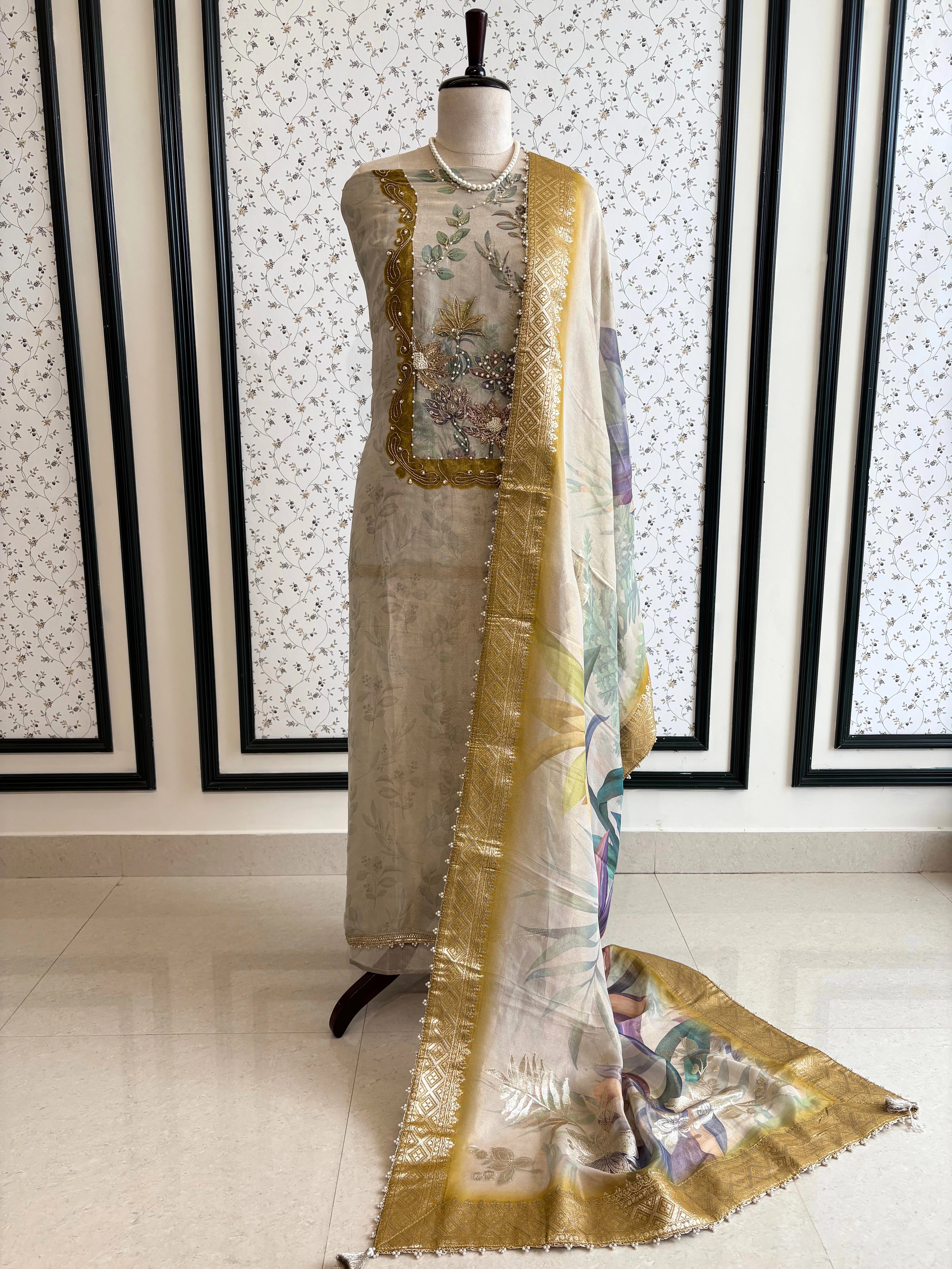 Designer Beige Organza Suit with multicolor dupatta for Festive Wear  | Party Wear