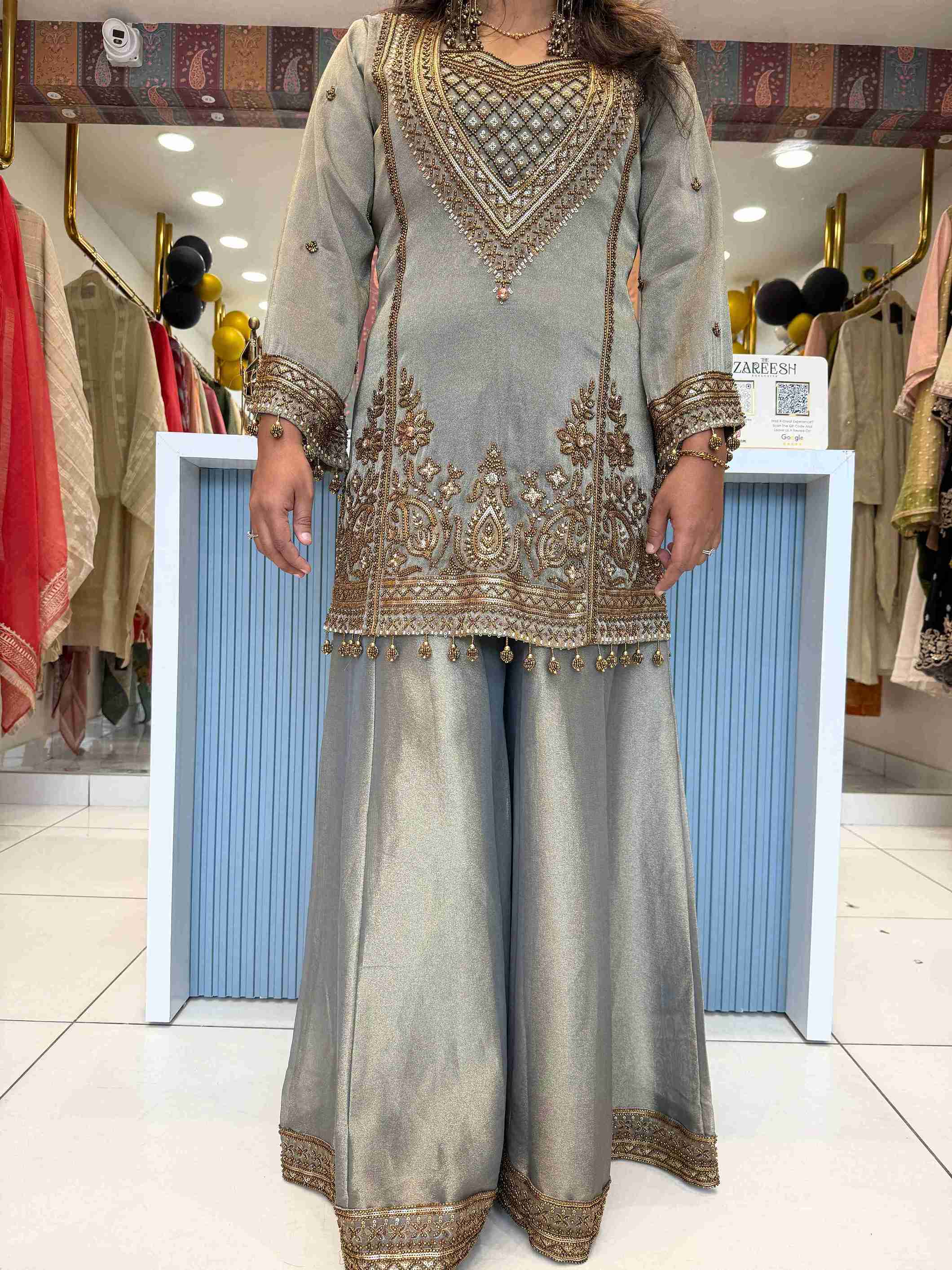 Grey Tissue Embroidered Kurta Sharara Set with Gold Zari, Sequin and Beadwork | Designer Party Wear