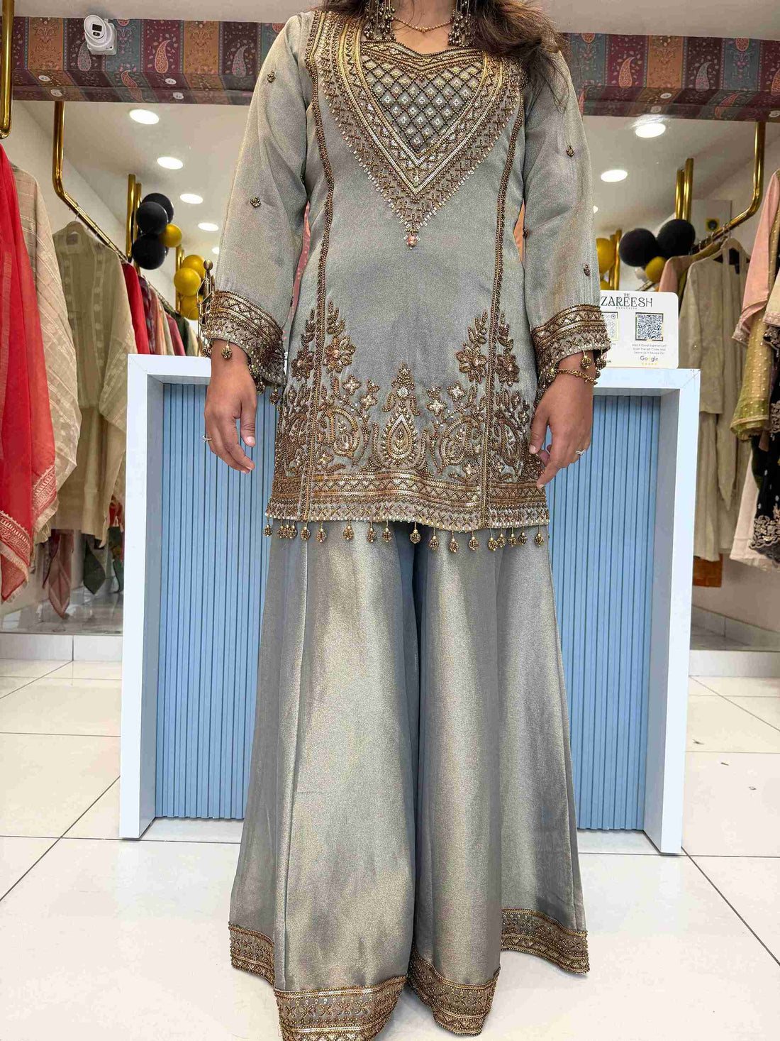 Grey Tissue Embroidered Kurta Sharara Set with Gold Zari, Sequin and Beadwork | Designer Party Wear