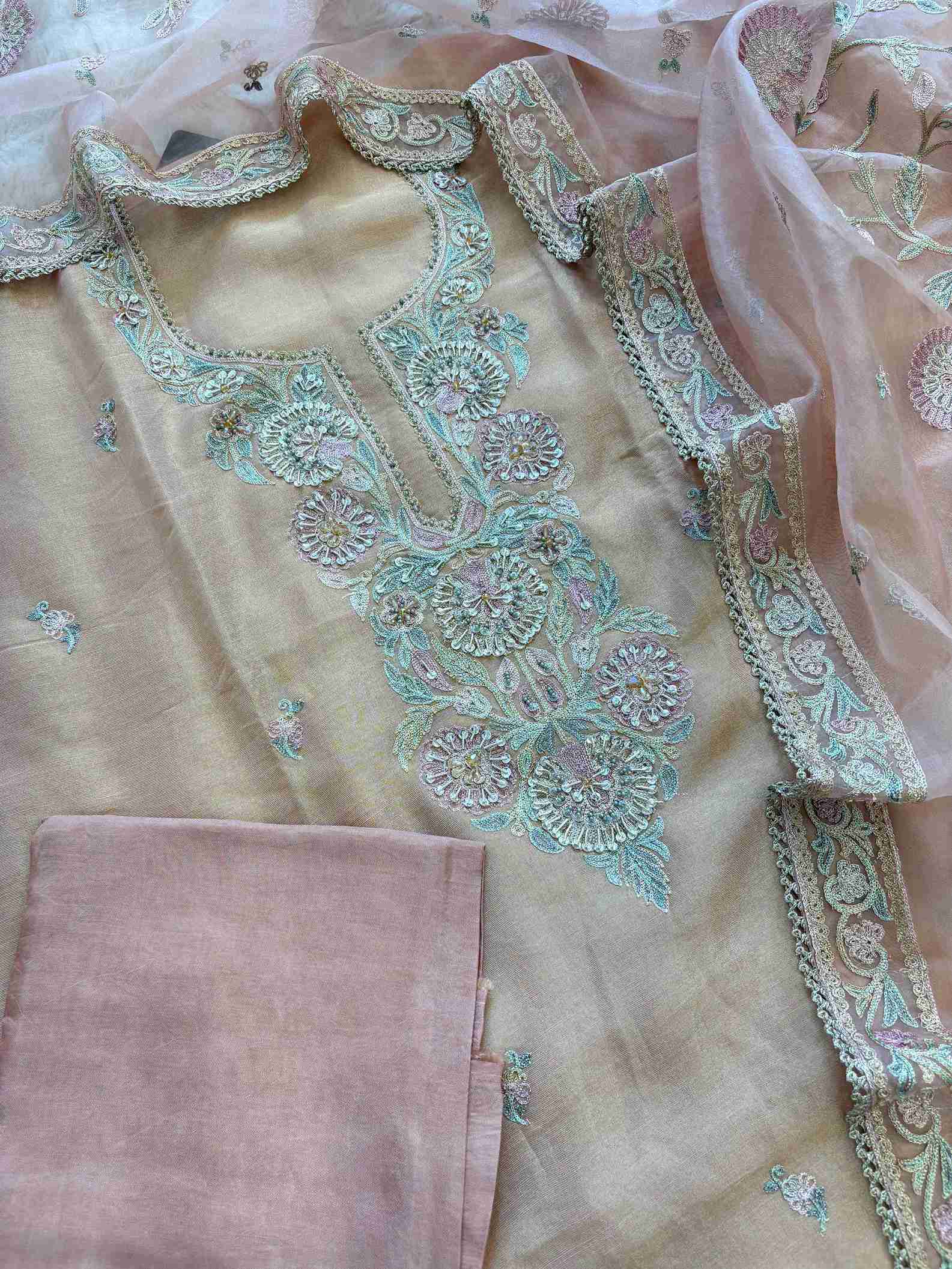 Peach Shimmer Tissue Embroidered Unstitched Suit Set with Organza Dupatta