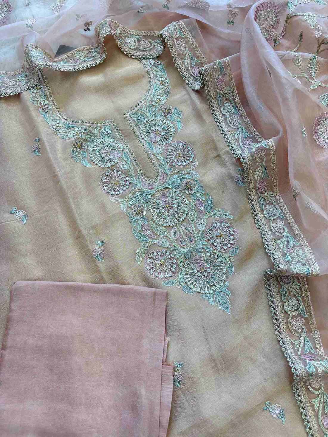 Peach Shimmer Tissue Embroidered Unstitched Suit Set with Organza Dupatta
