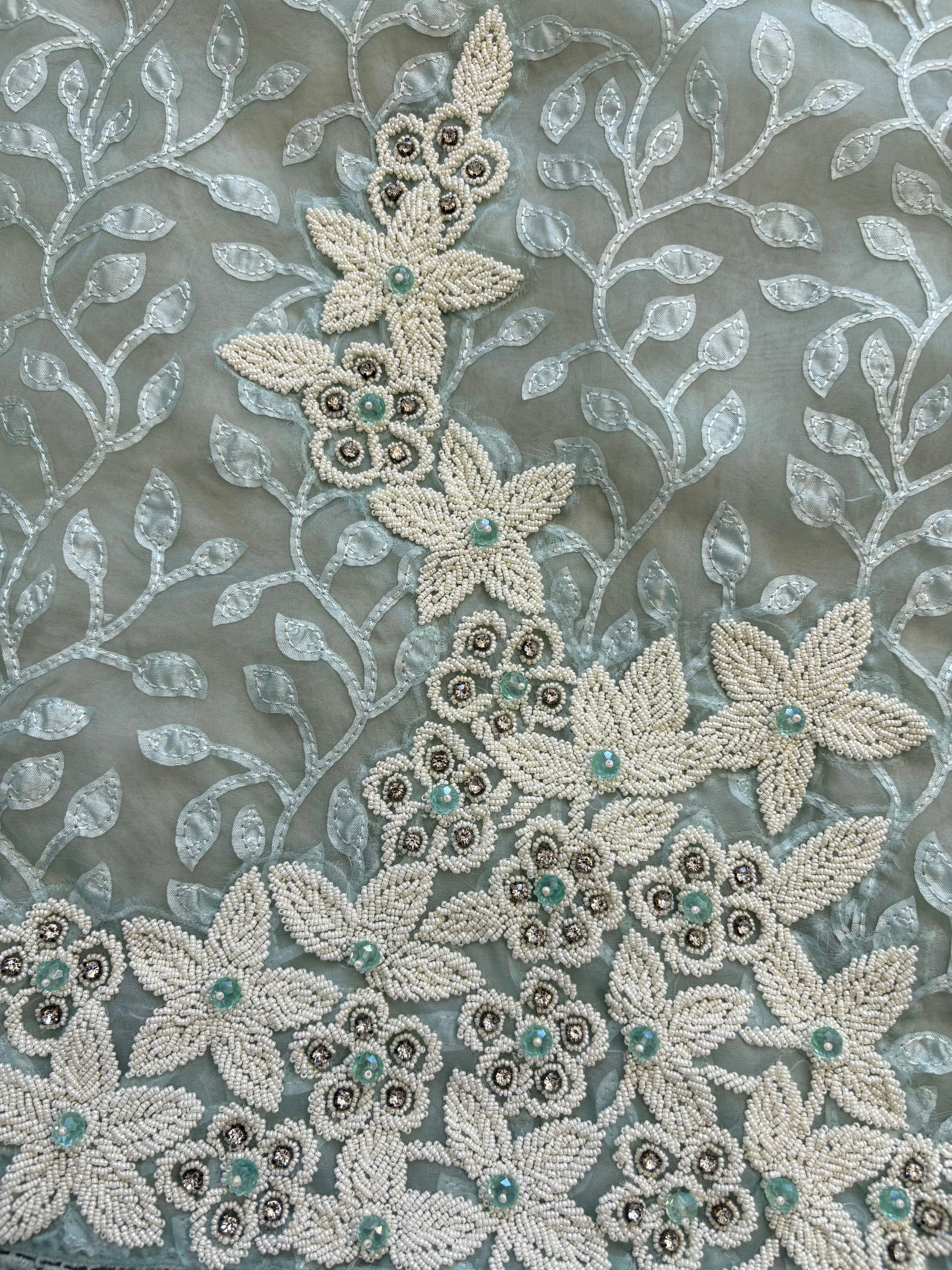 Pastel Green suit with applique embroidery and moti bead embellishments, paired with embroidered organza dupatta.