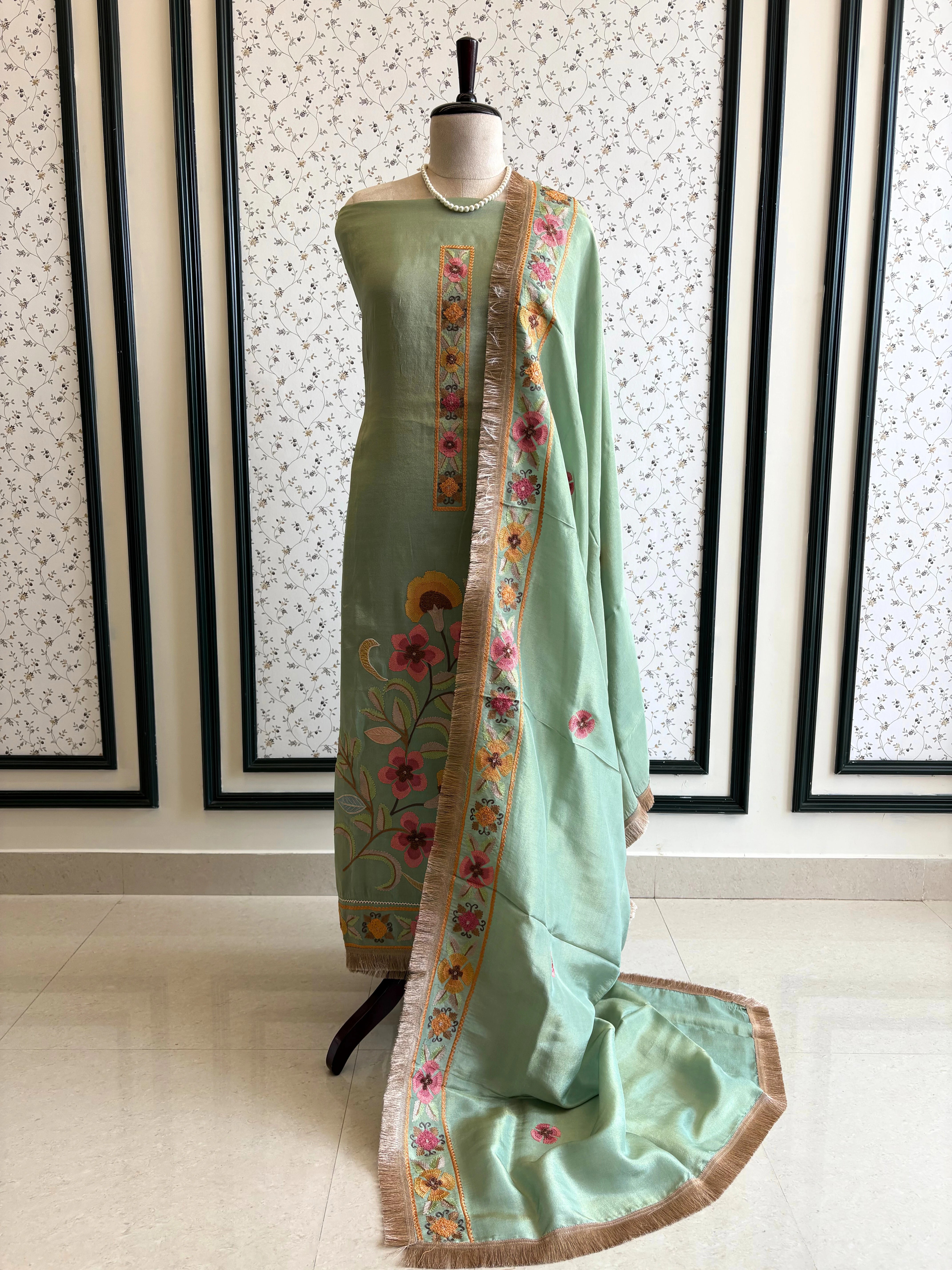 aqua green shimmer organza with kashida work and kiran lace highlighting