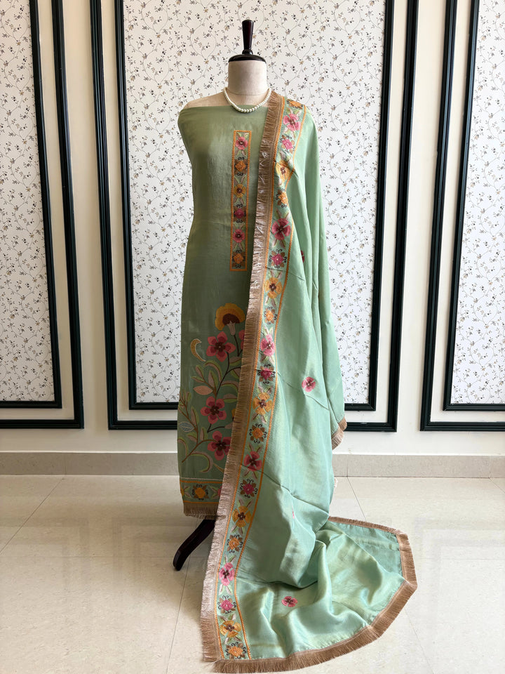 aqua green shimmer organza with kashida work and kiran lace highlighting