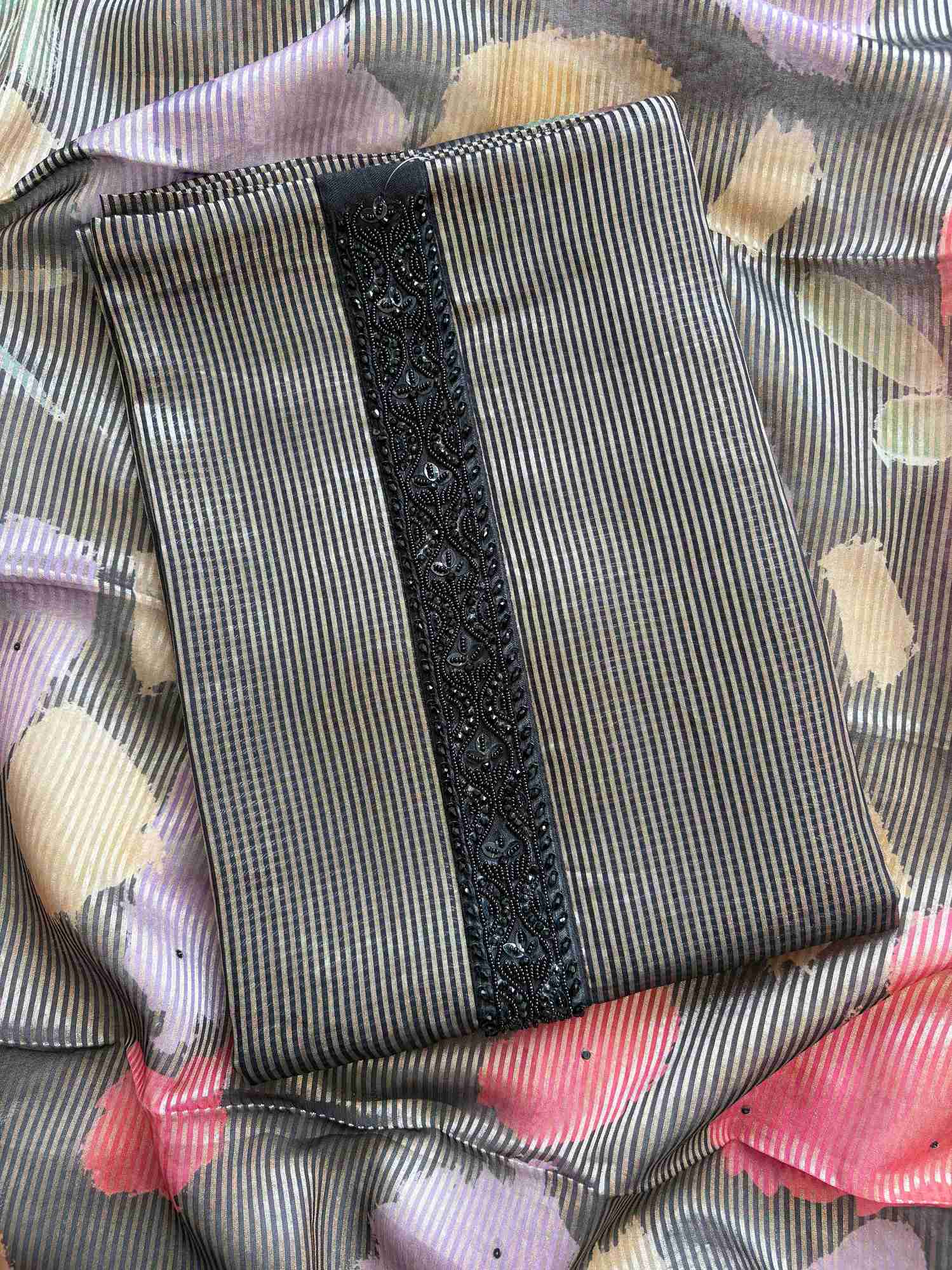 Soft Organza unstitched suit with neck patti design - The Zareesh