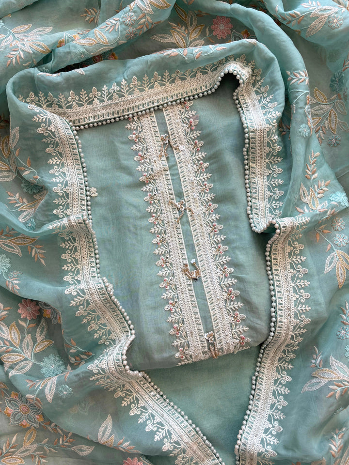 aqua green sheer organza with parsi embroidory