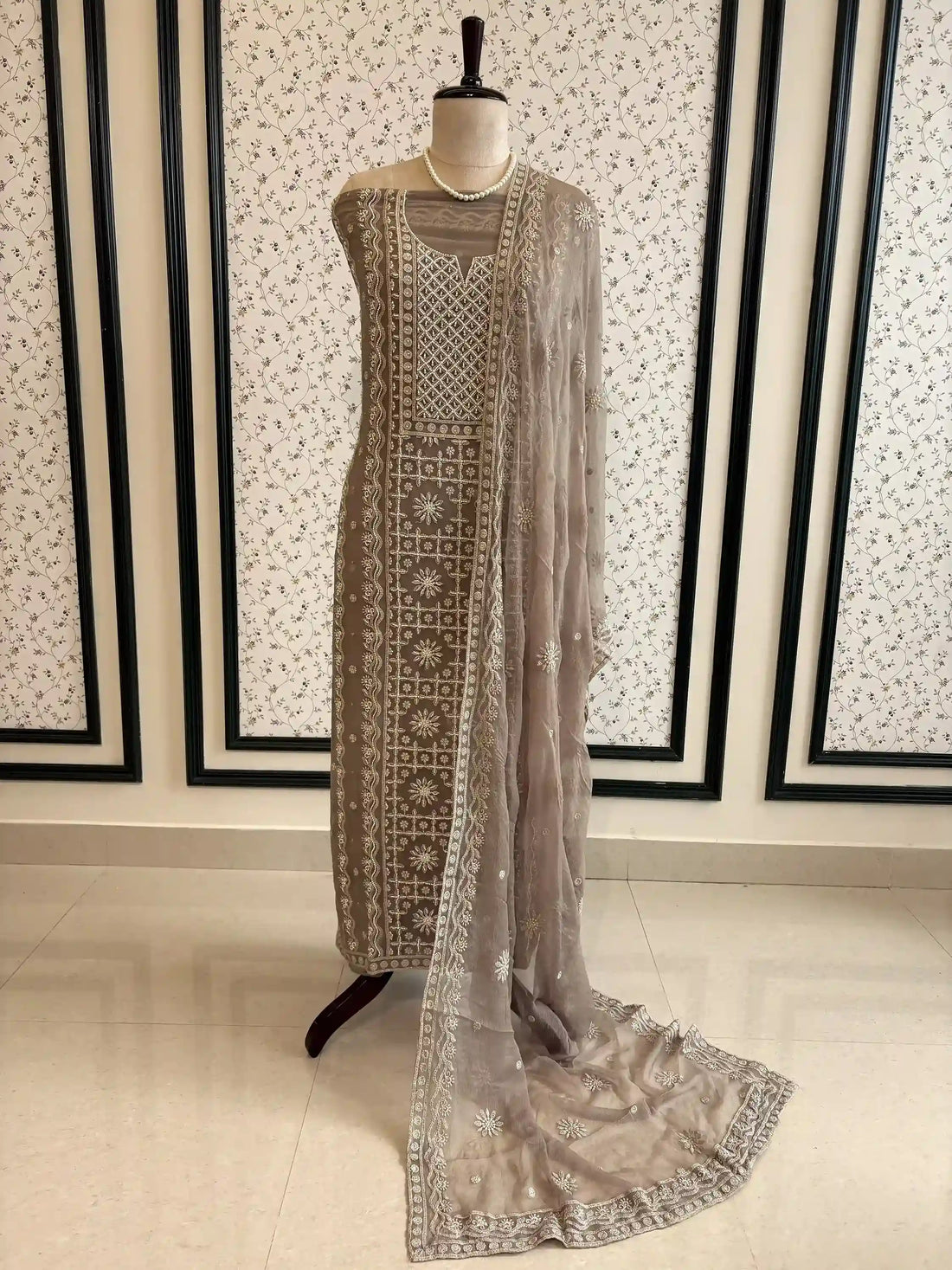 Powder brown georgette suit with moti highlighting and chiffon dupatta – embroidered festive ethnic wear for weddings and formal occasions.