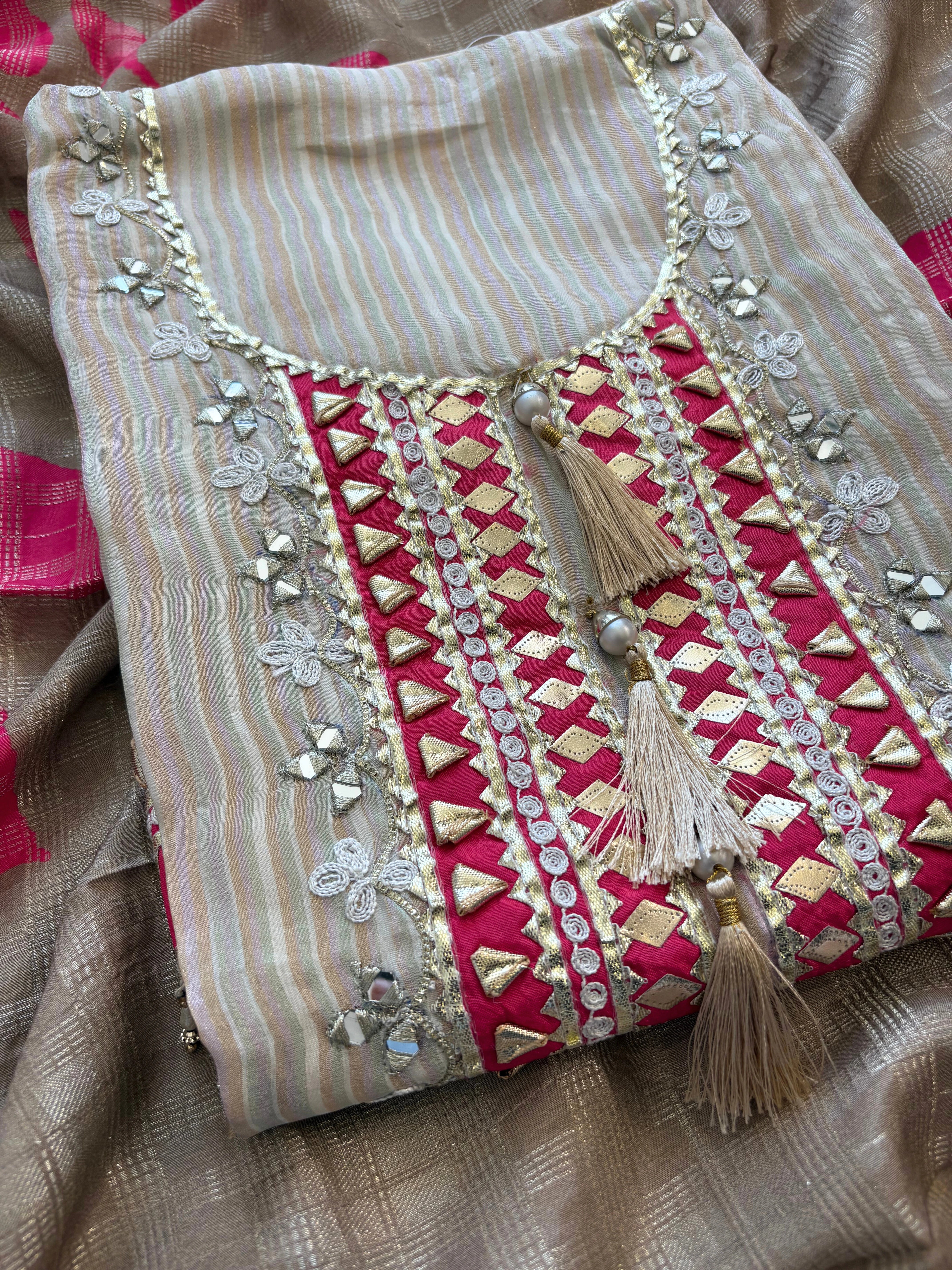 Beige & Pink Shimmer Organza Suit with Gotta Patti Embroidery