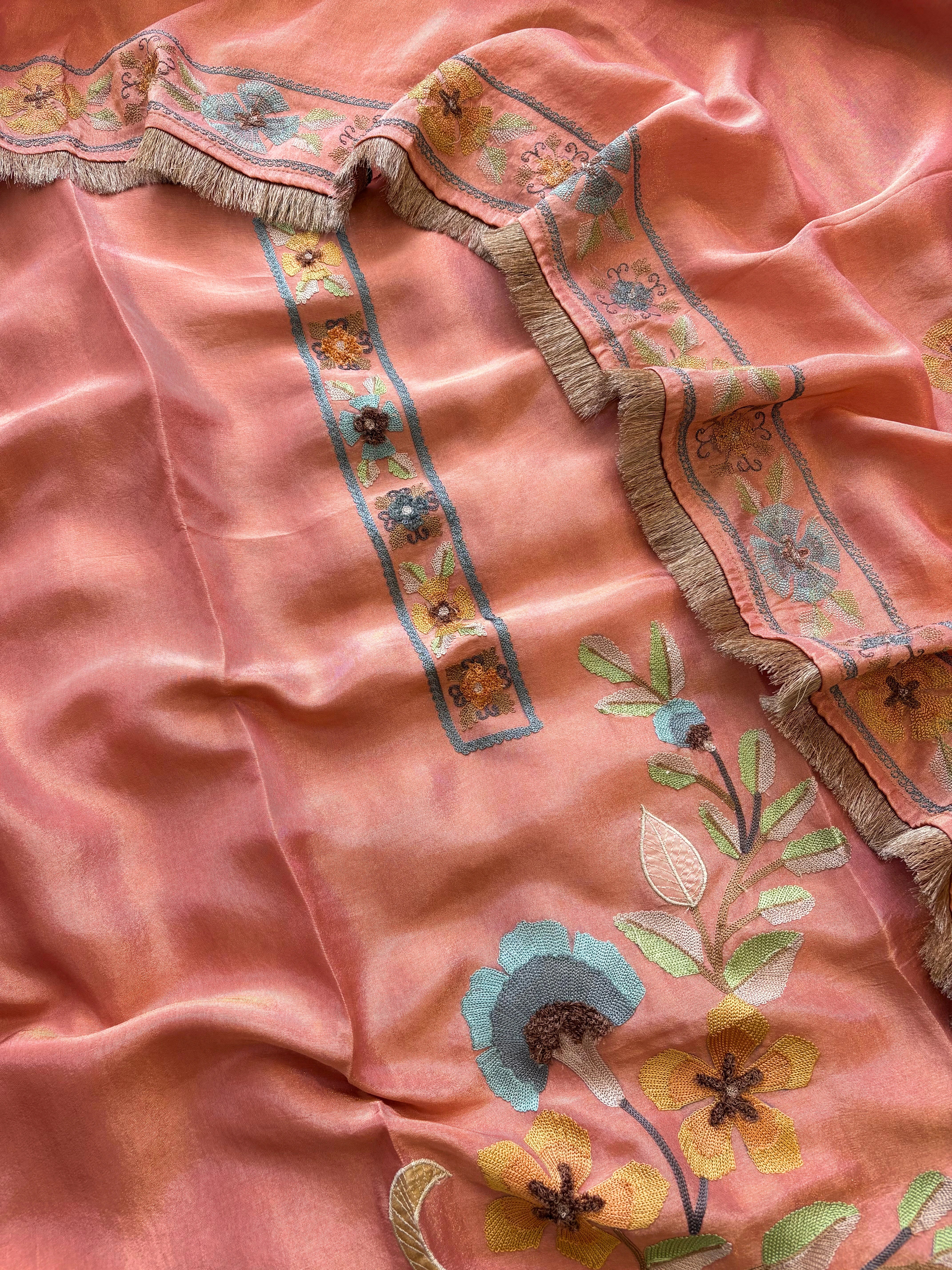 peach shimmer organza with kashida work and kiran lace highlighting