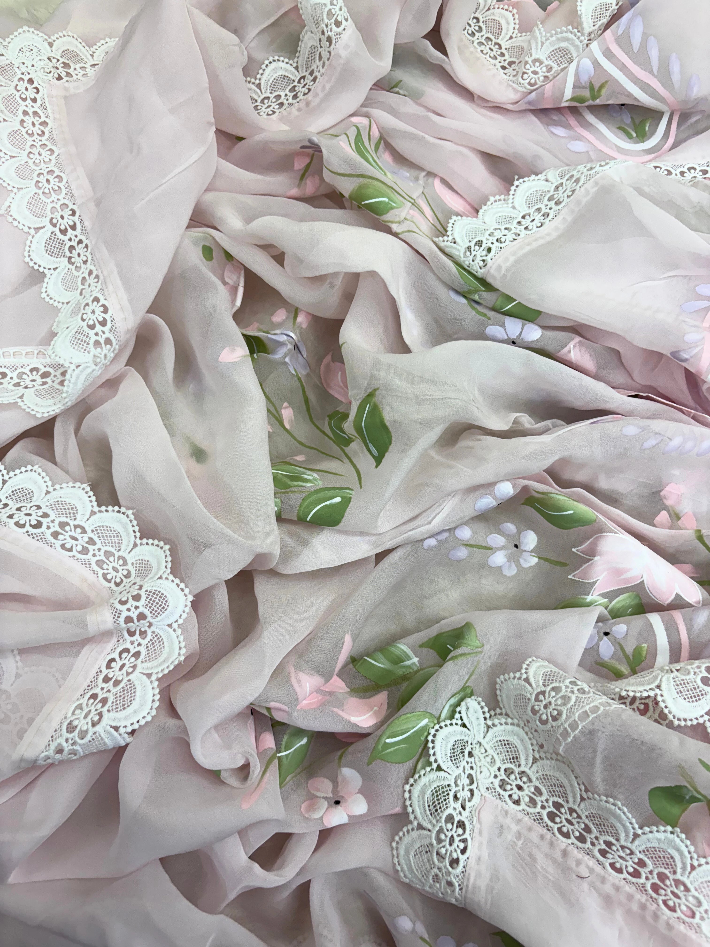 Lavender organza unstitched suit with white lace embroidery, cutwork border, and pastel floral printed organza dupatta – festive summer ethnic wear