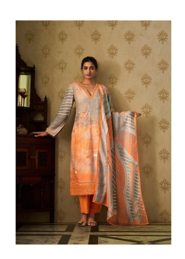Grey Orange Pure Muslin Digital Print Handwork Unstitched Suit Set