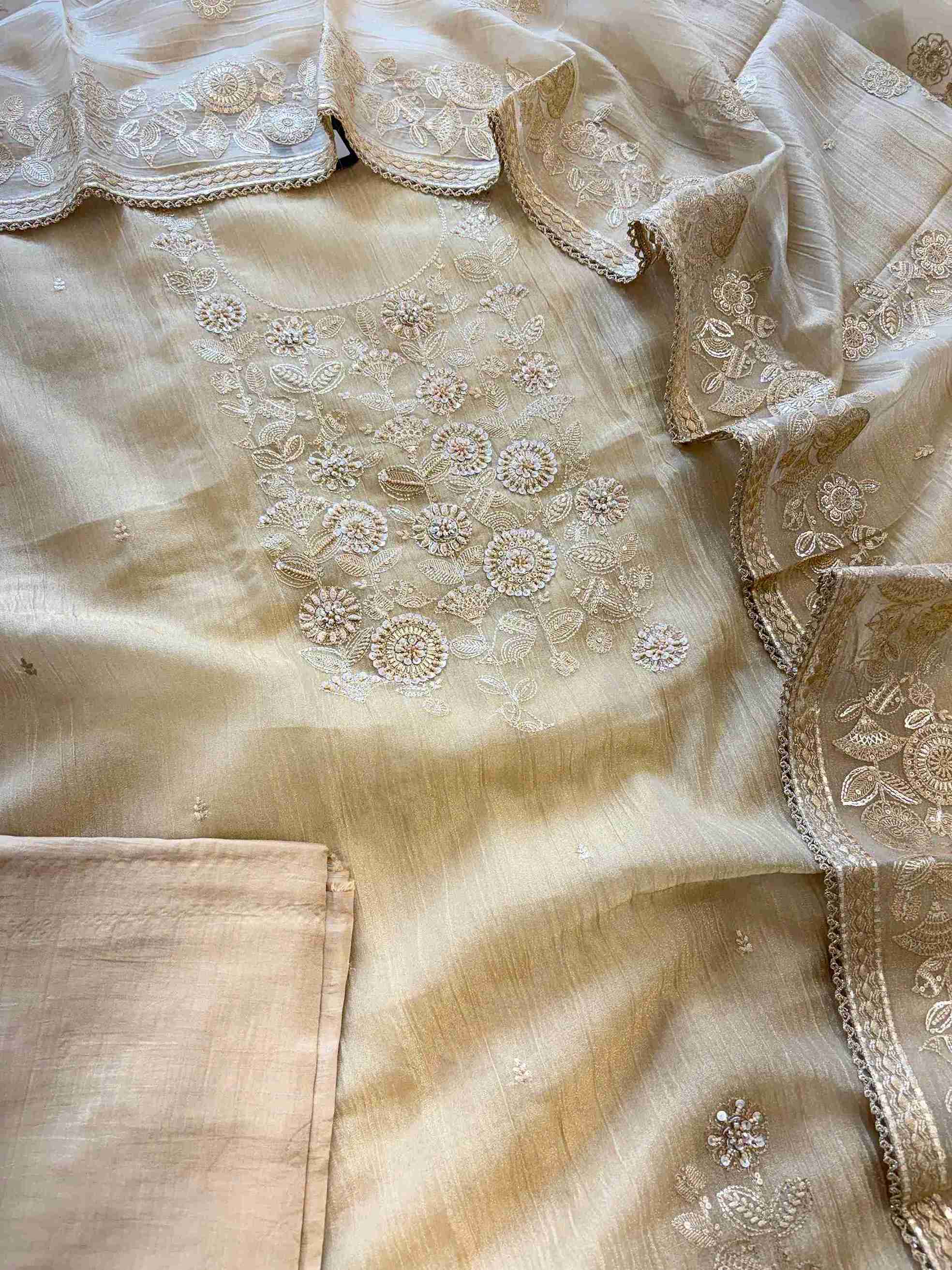 Golden Beige Crush Tissue Unstitched Suit with Pitta Work Neckline