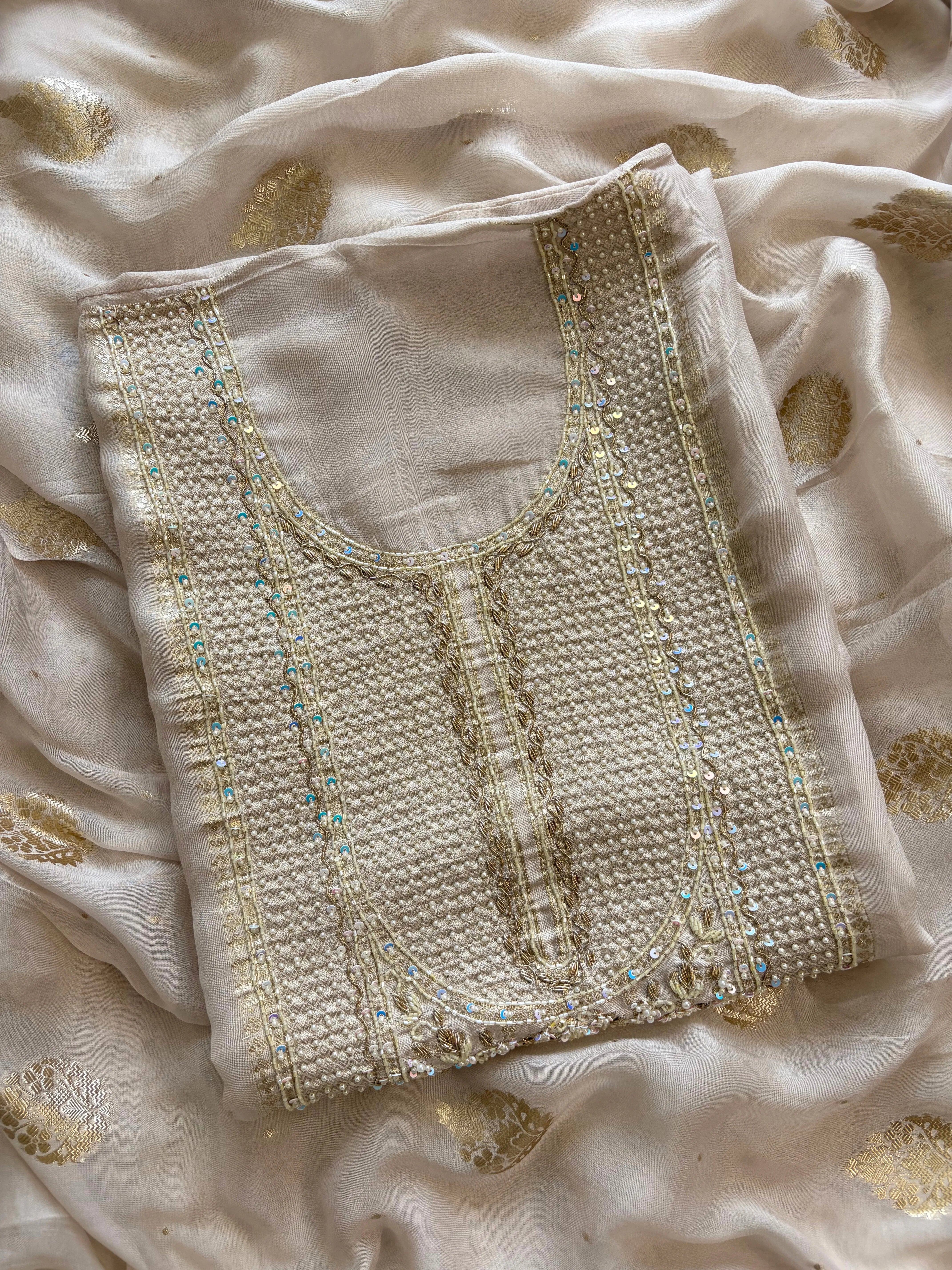 Pure Organza unstitched suit with heavy neck embellishements - The Zareesh
