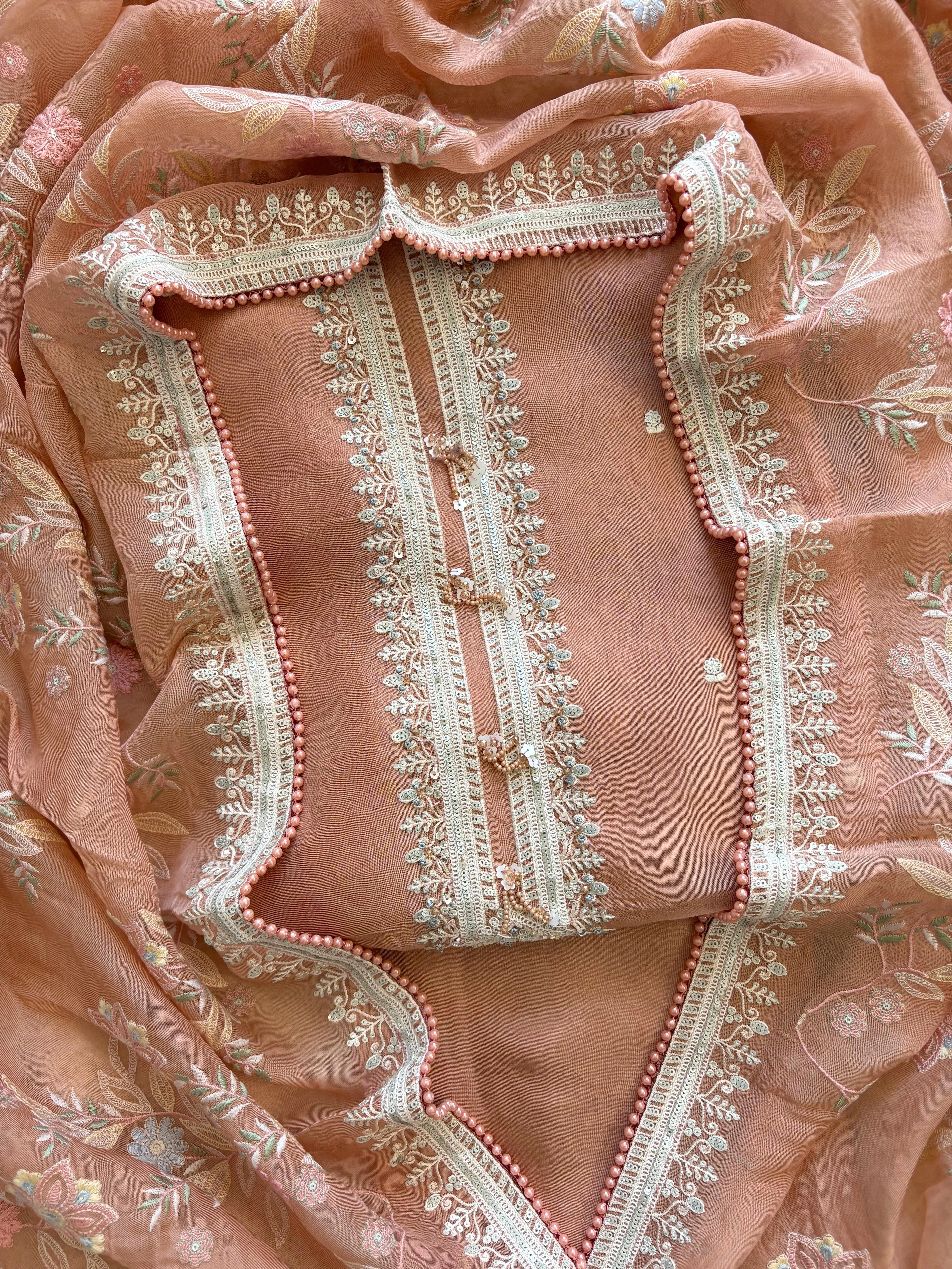 Peach color sheer organza with parsi embroidory.