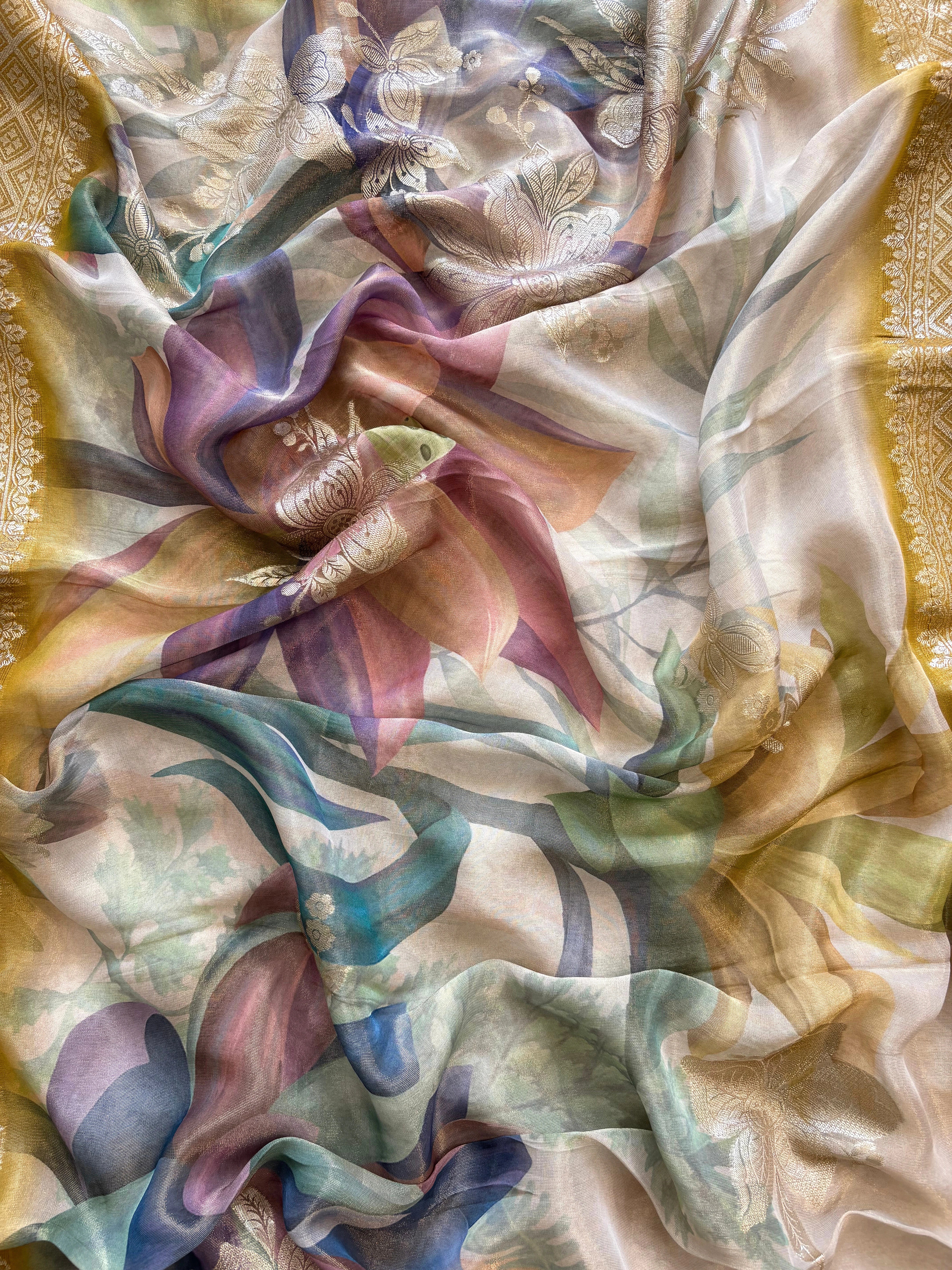 Designer Beige Organza Suit with multicolor dupatta for Festive Wear  | Party Wear