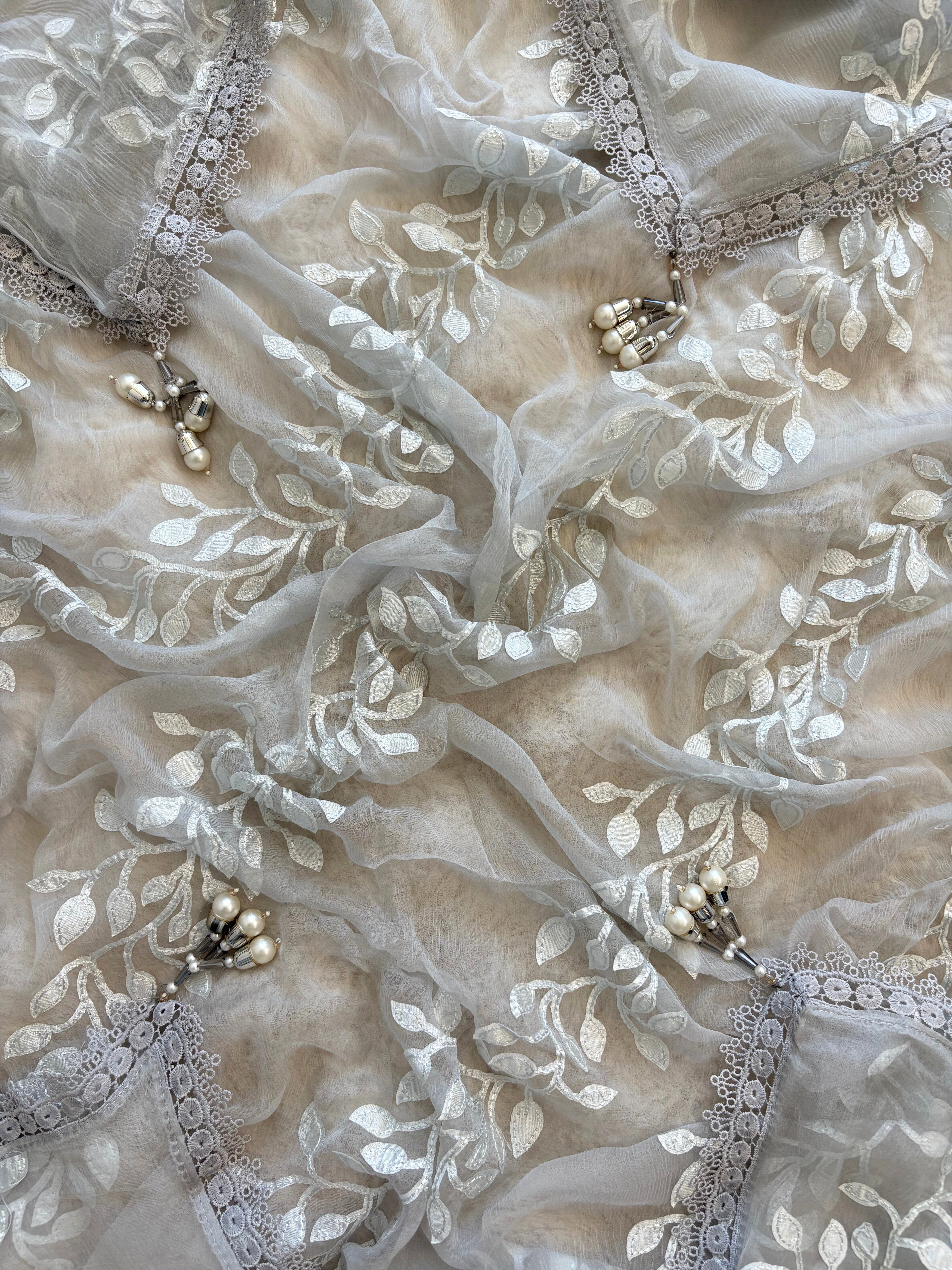 Silver grey organza suit with applique embroidery and moti bead embellishments, paired with embroidered organza dupatta.