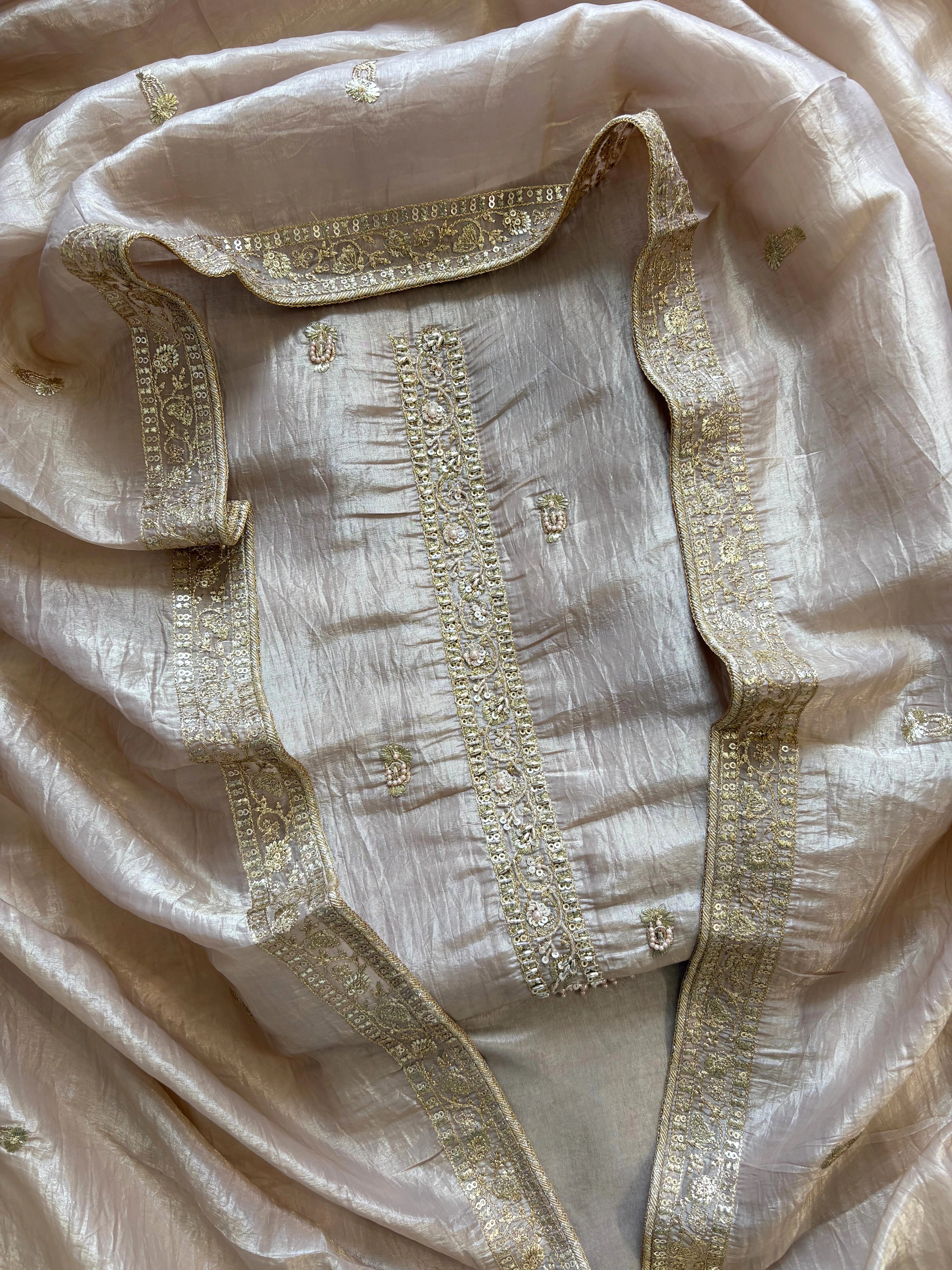 Nude Mauve Tissue Suit with Zari Embroidery & Tissue Dupatta