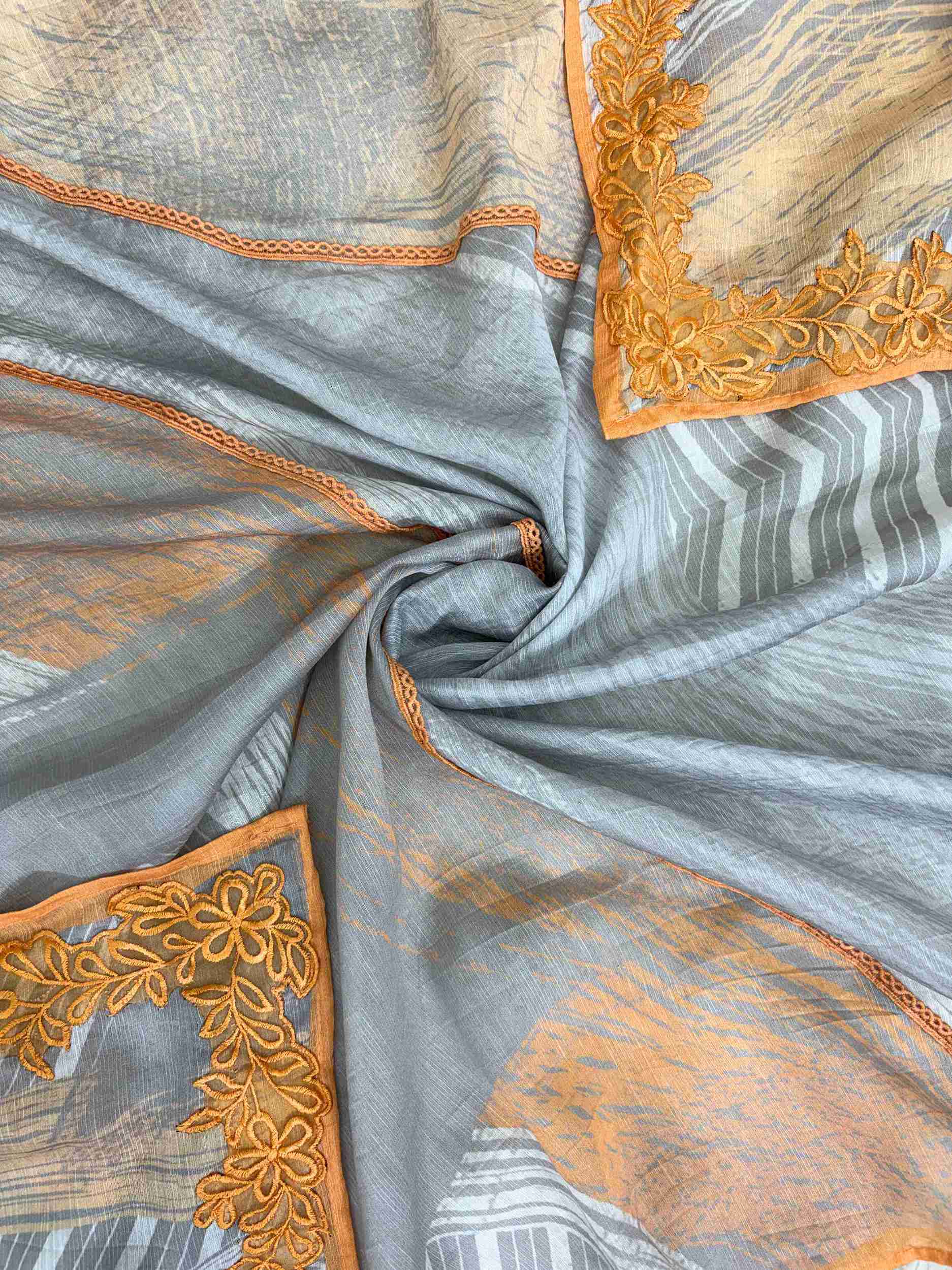 Grey Orange Pure Muslin Digital Print Handwork Unstitched Suit Set