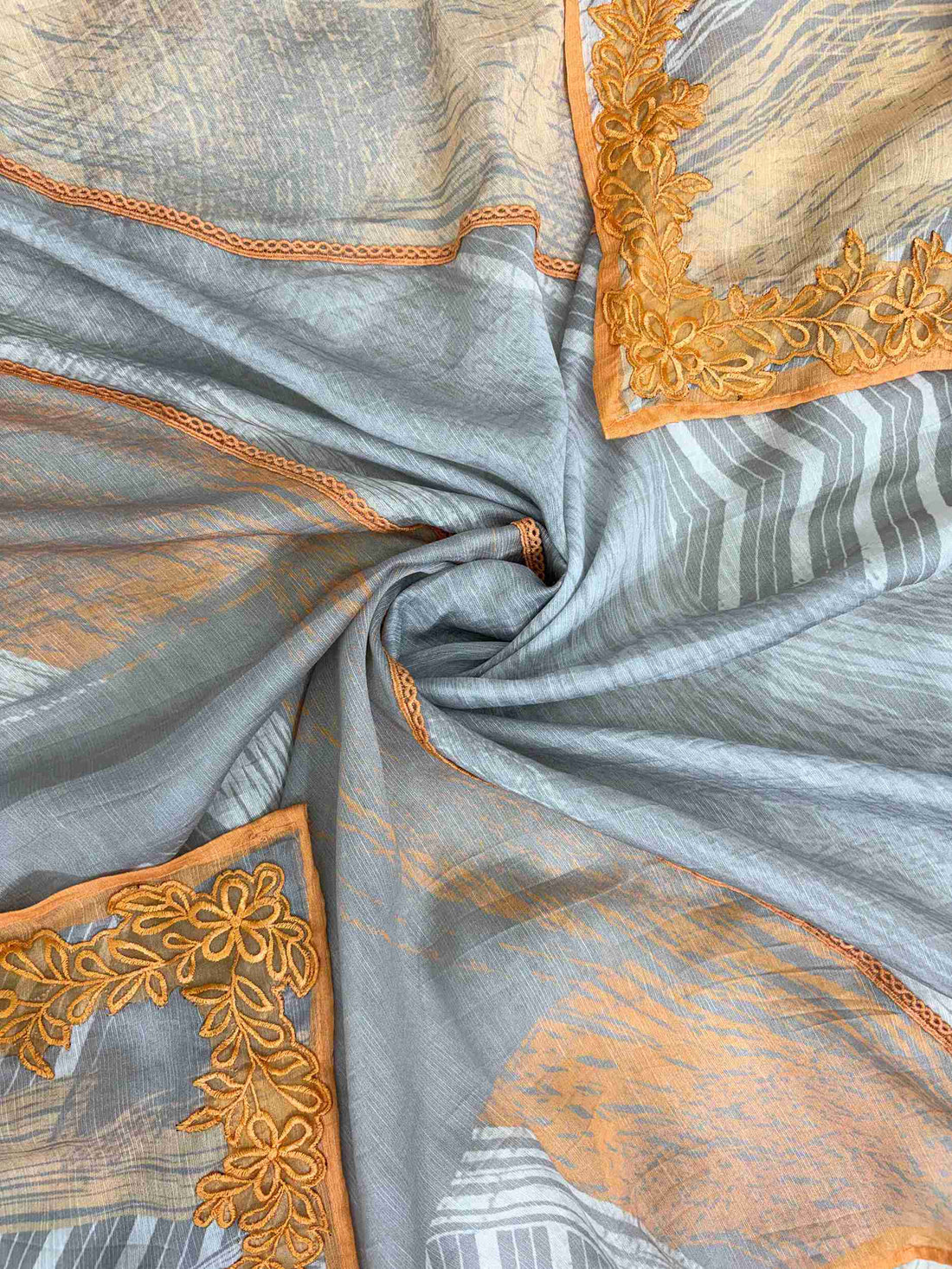 Grey Orange Pure Muslin Digital Print Handwork Unstitched Suit Set