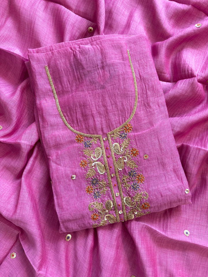 Elegant Pink Mal Cotton Suit with Bead Embellished Neckline
