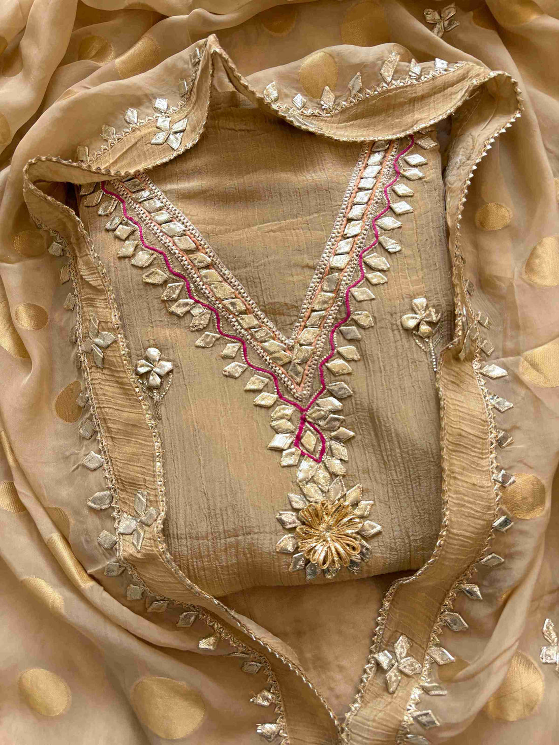 Crushed Tissue Silk unstitched suit with Gota Work - The Zareesh