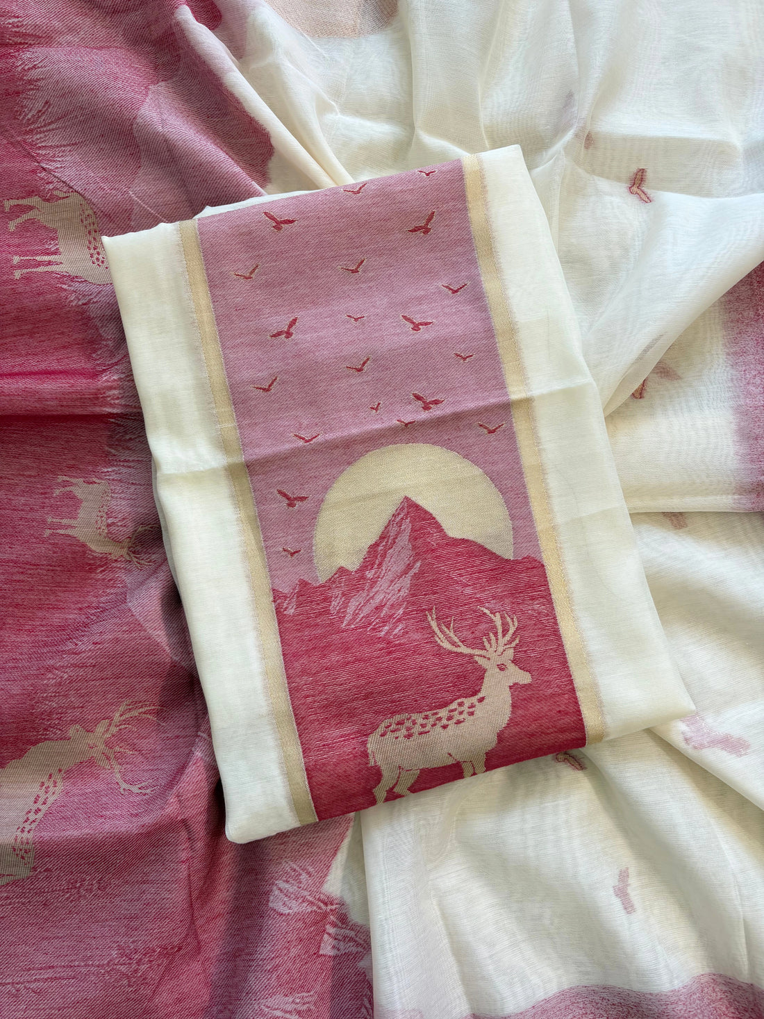 Scenic Red & Ivory Jamdaani Suit with Mountain & Deer Motif – Artistic Ethnic Wear