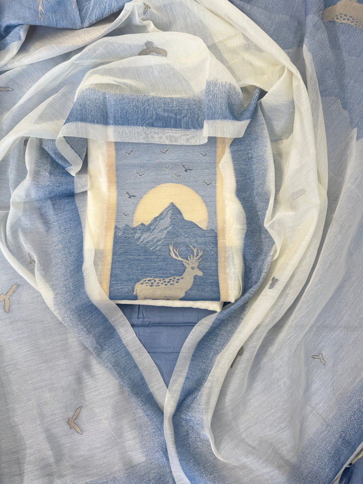 Scenic Blue & Ivory Jamdaani Suit with Mountain & Deer Motif – Artistic Ethnic Wear