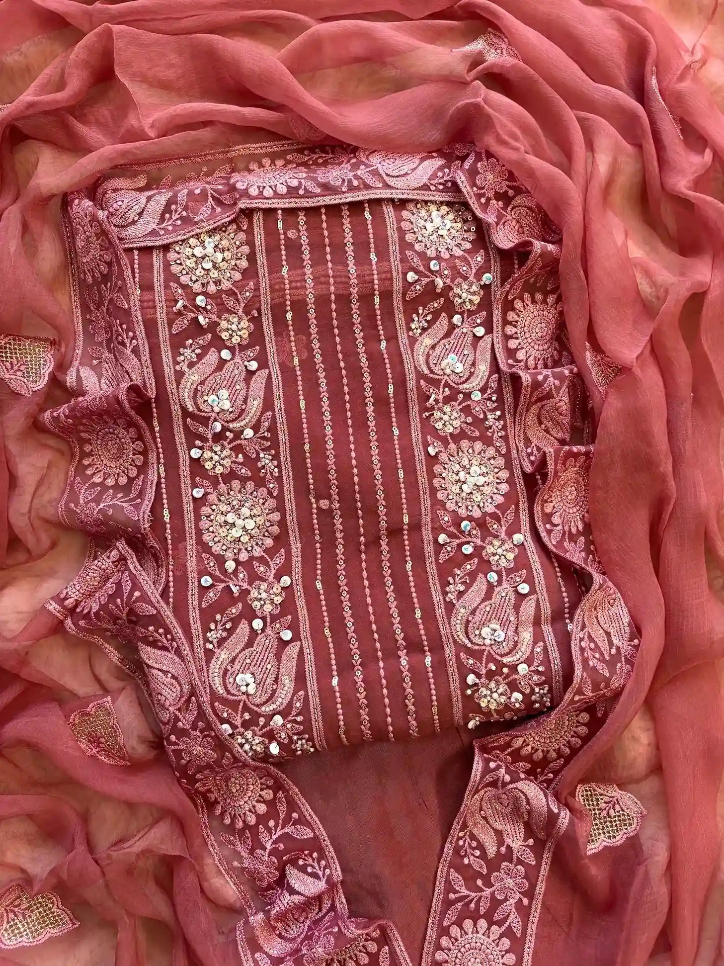 rosewood wine party wear georgette chikankari unstitched suit for women