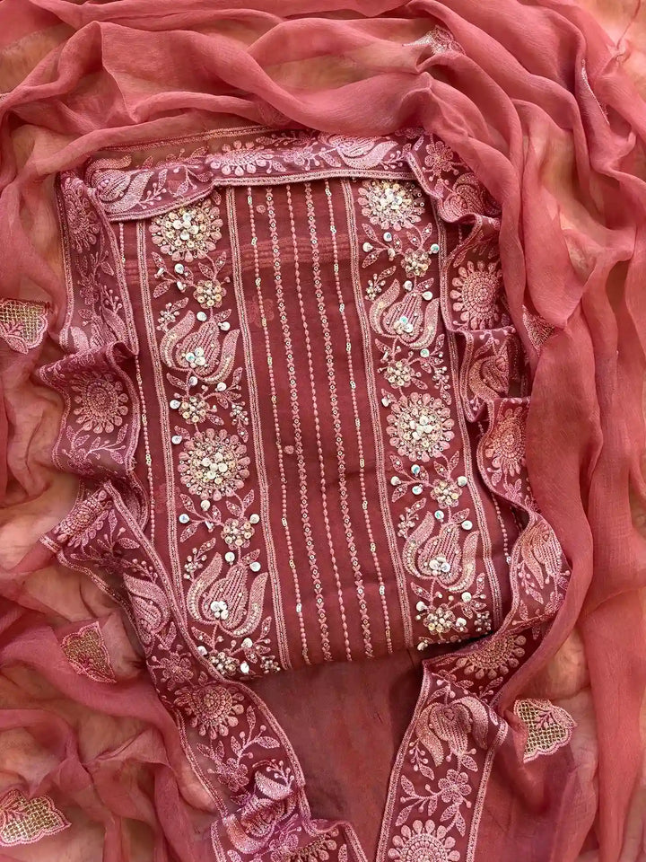 rosewood wine party wear georgette chikankari unstitched suit for women