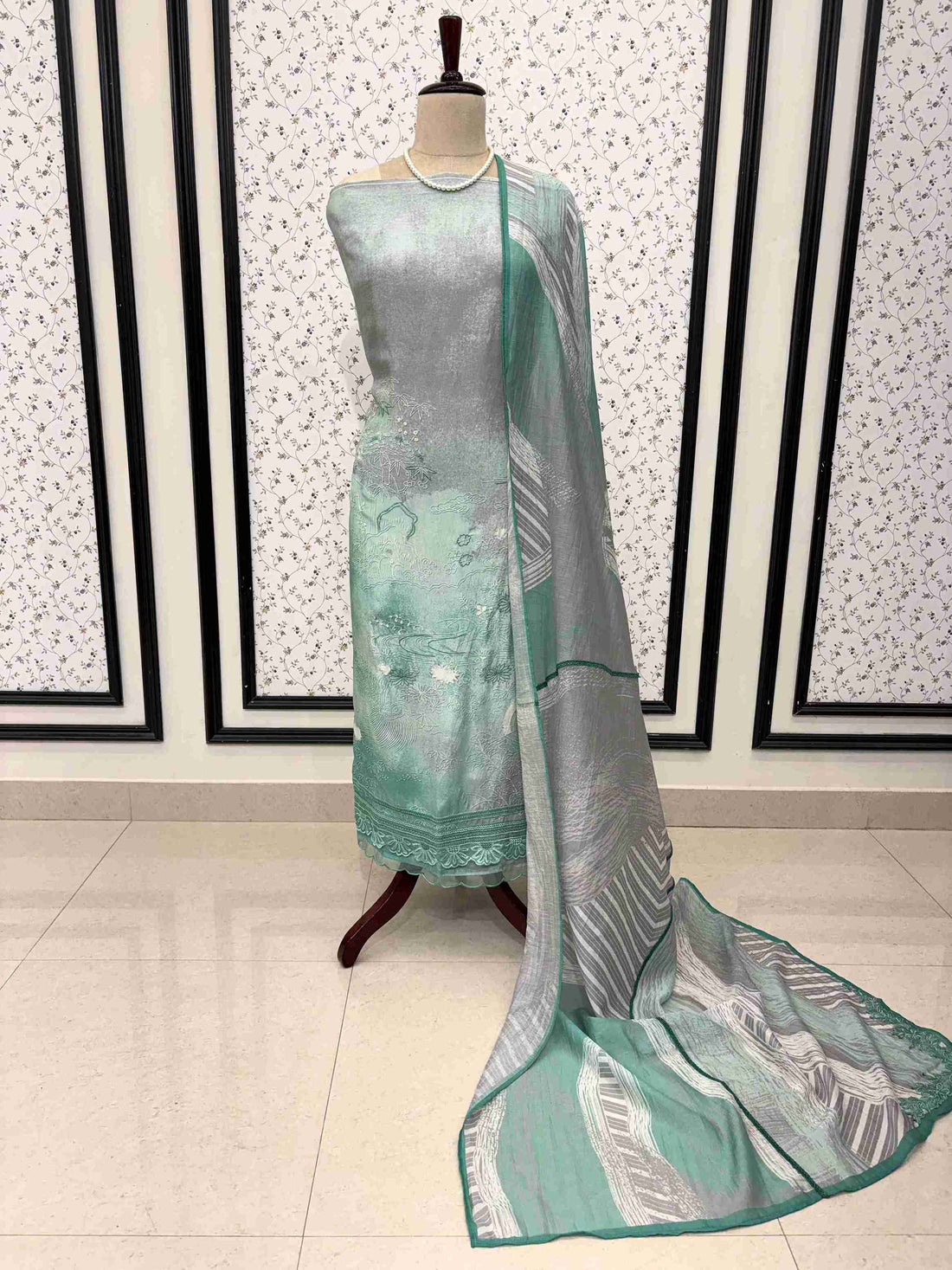 Grey Green Pure Muslin Digital Print Handwork Unstitched Suit Set