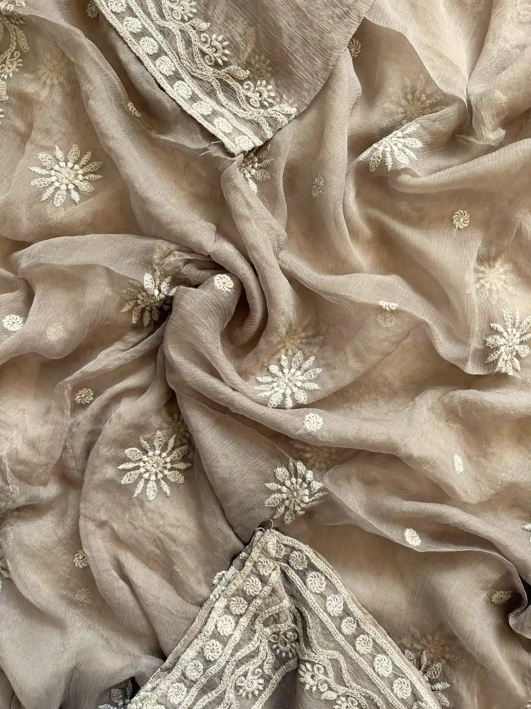 Powder brown georgette suit with moti highlighting and chiffon dupatta – embroidered festive ethnic wear for weddings and formal occasions.