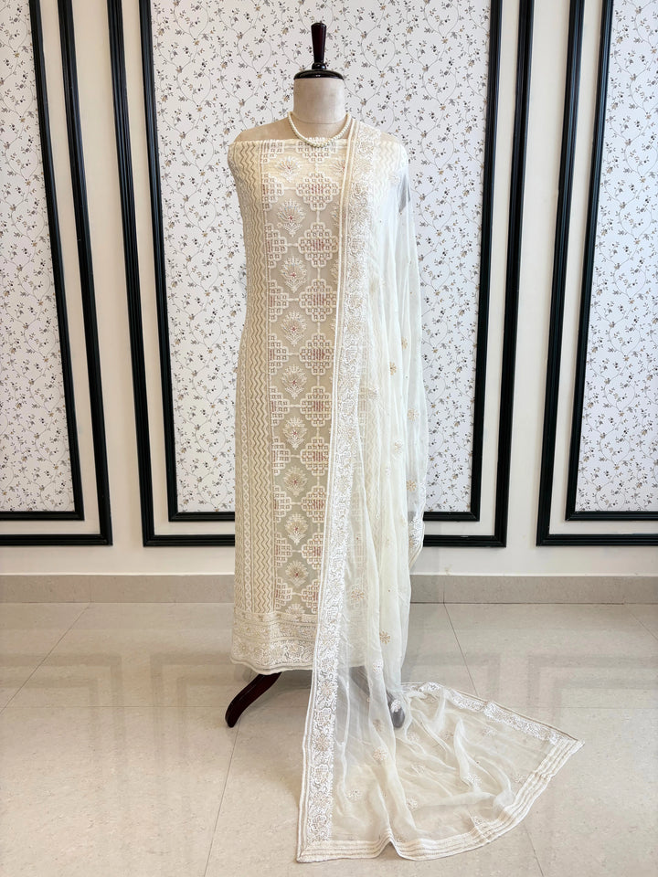 Graceful White Georgette Chikankari Suit with Beads, Sequins & Moti Embellishments