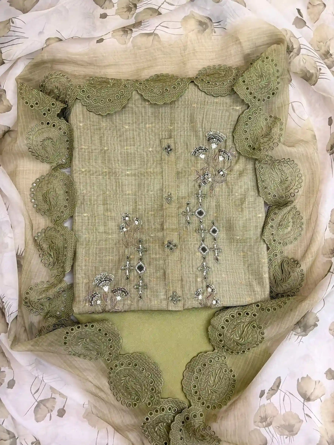 pure linen unstitched suit with cutwork dupatta