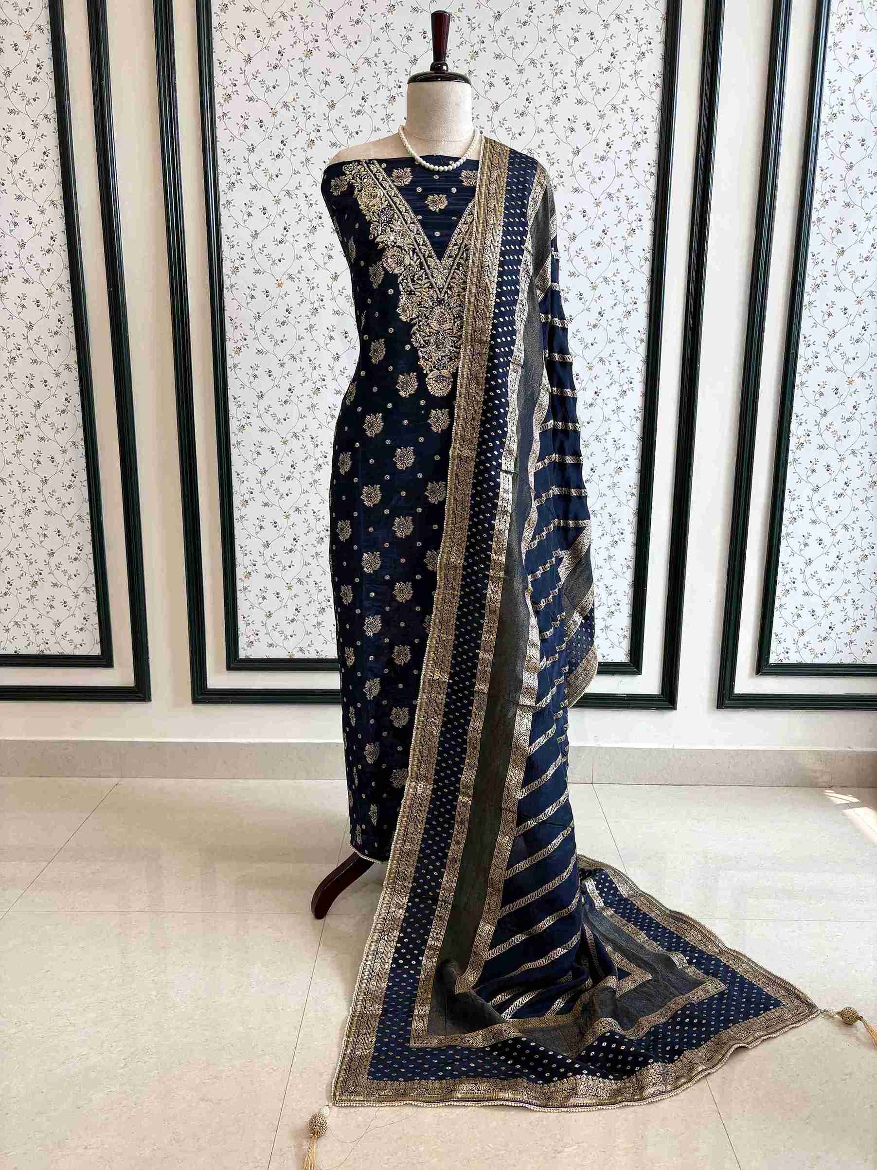 satin organza blue unstitched suit with V shape zardozi neckline