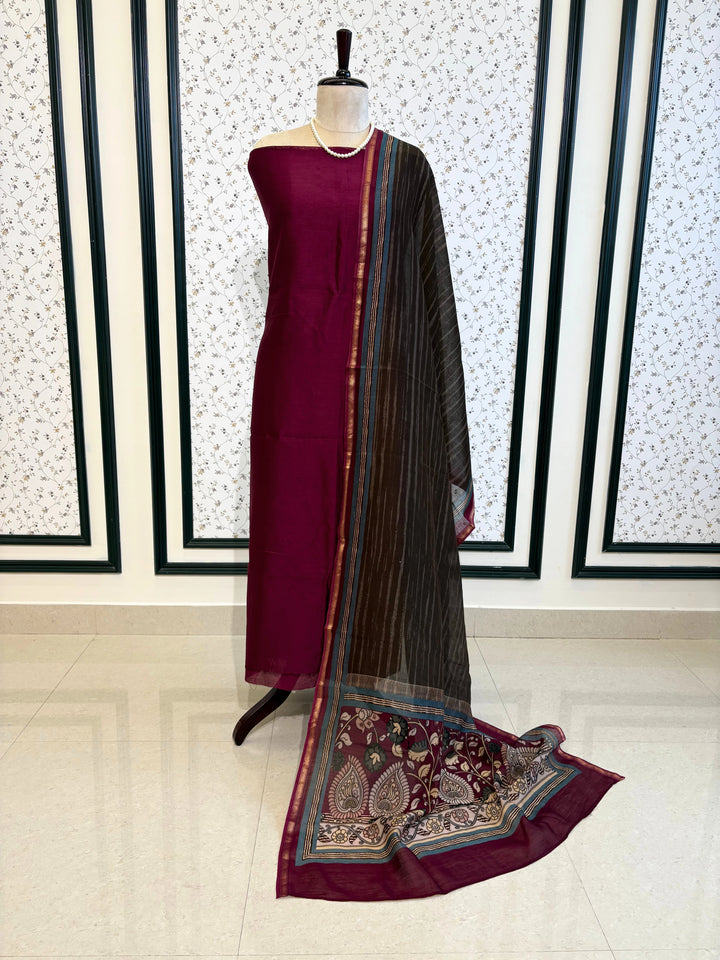 Magenta and grey Maheshwari silk unstitched suit with striped dupatta, ethnic motifs, and contrast borders – festive ethnic wear