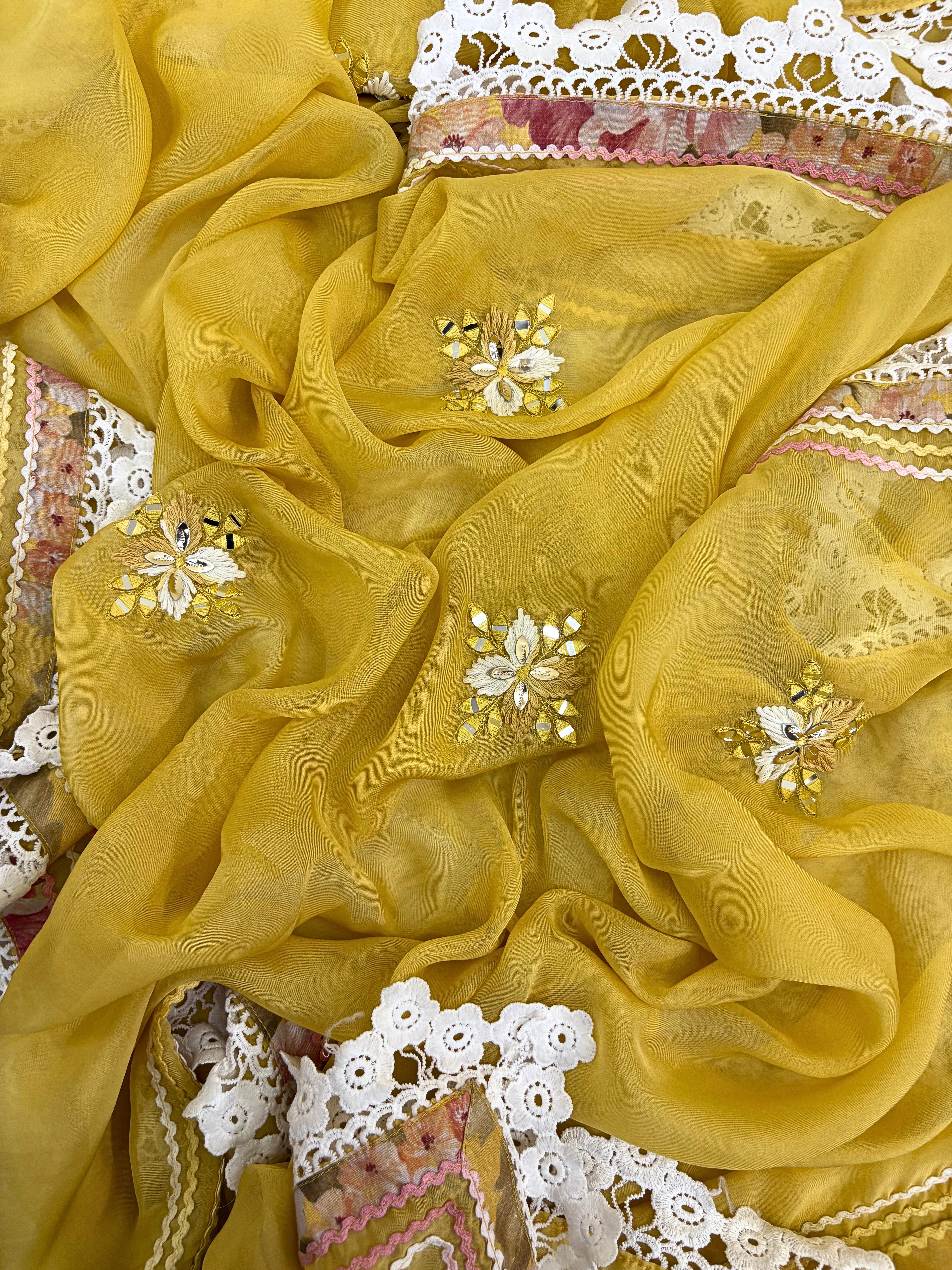 Haya-e-Bahar: Pastel Yellow Floral Linen Suit with Lace Detailing Organza Dupatta